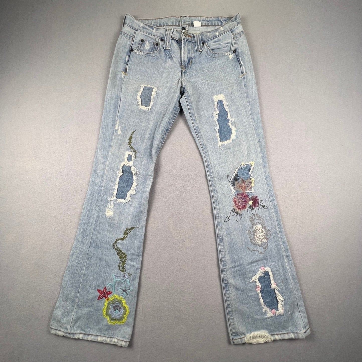 VTG Y2K Bebe Flare Jeans Womens 27 Embroidered Distressed Patchwork Boho