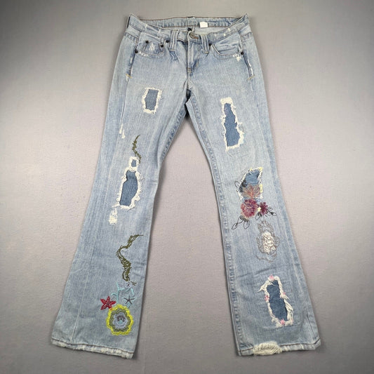 VTG Y2K Bebe Flare Jeans Womens 27 Embroidered Distressed Patchwork Boho