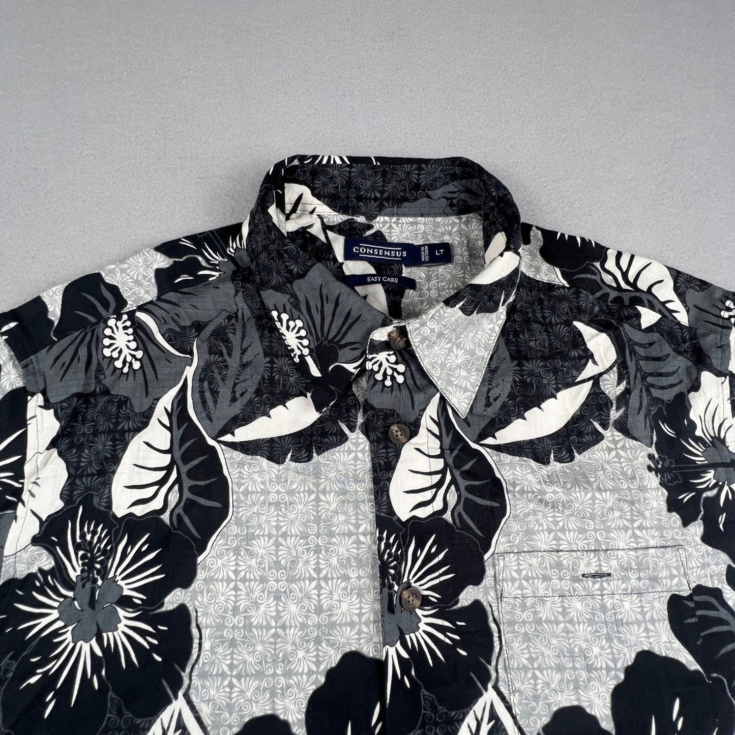 Hawaiian Hibiscus Floral Shirt Mens LT Black White Short Sleeve Tropical Aloha