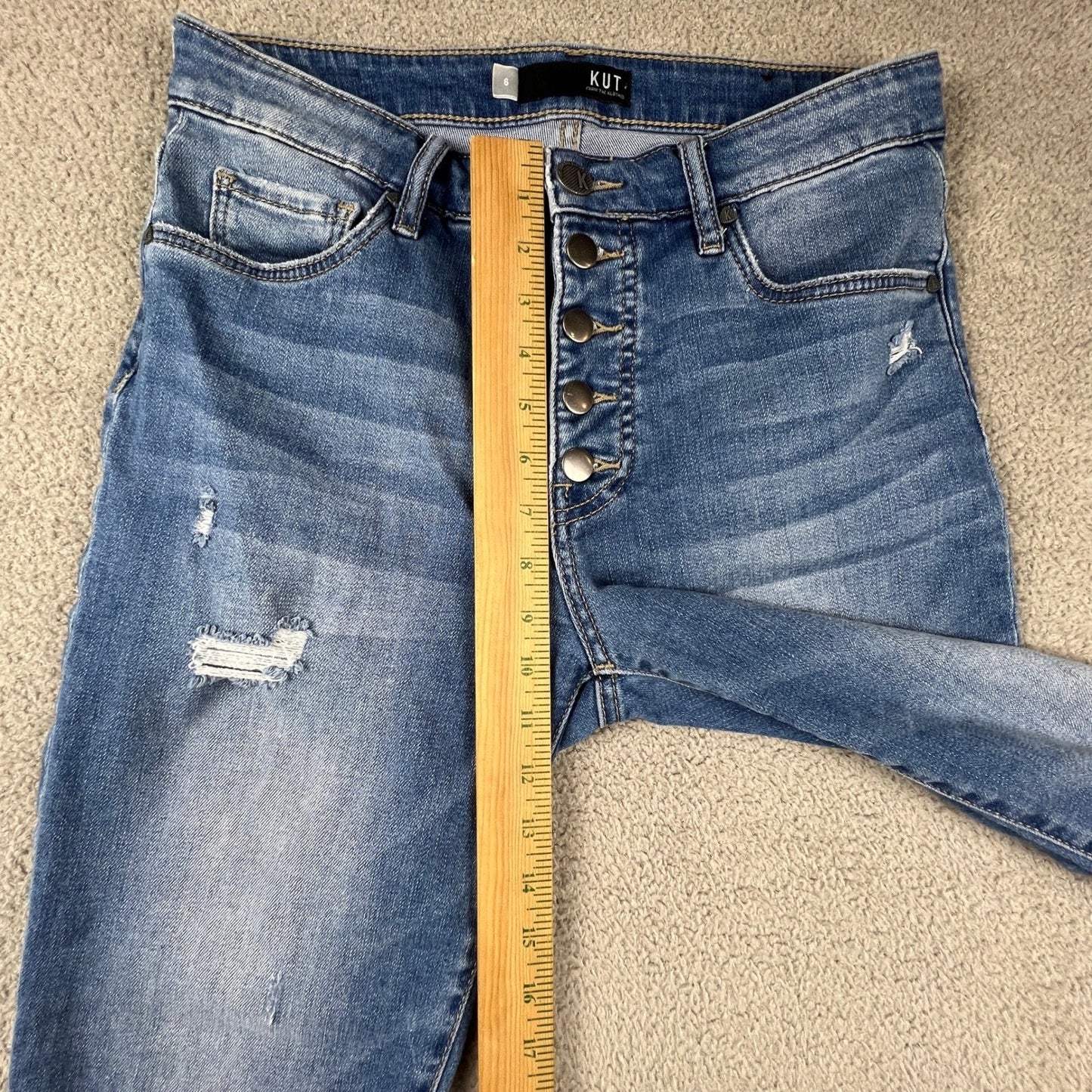 Kut from the Kloth Reese Straight Leg Jeans Womens 6 Blue Button Fly Distressed
