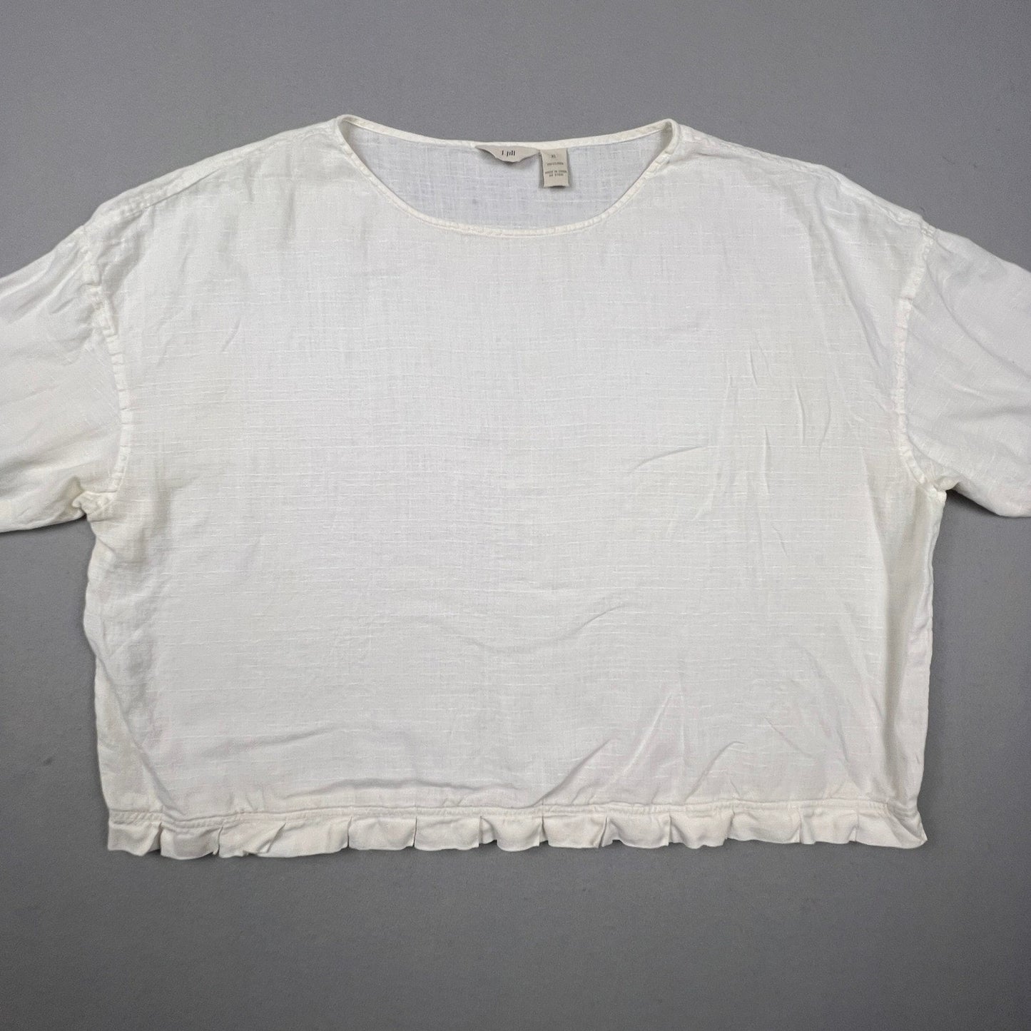 J. Jill Linen Blouse Women XL White Ruffle Hem 3/4 Sleeve Casual Relaxed Boho