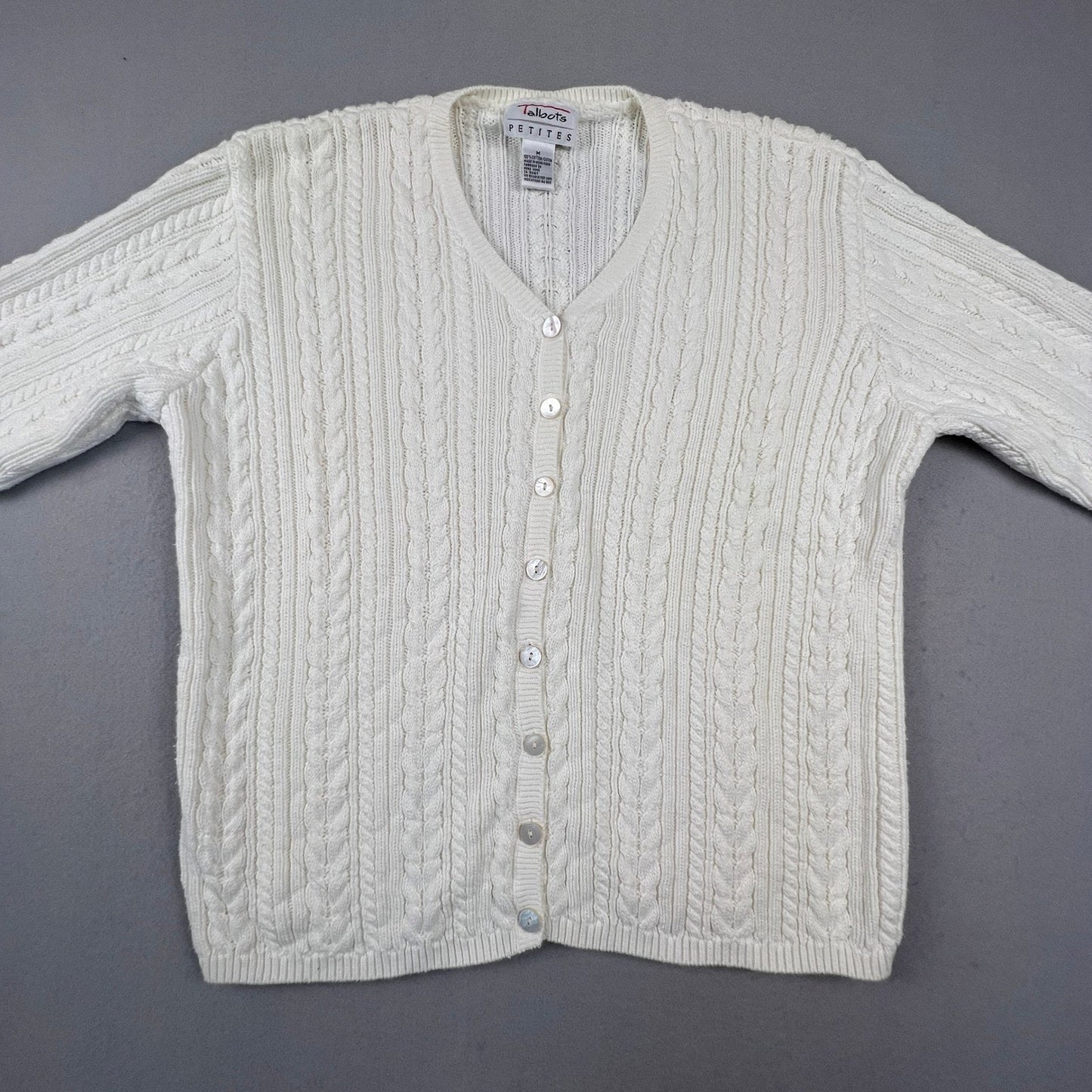 VTG Talbots Cardigan Sweater Womens Medium Petite White Cotton Cable Knit Preppy