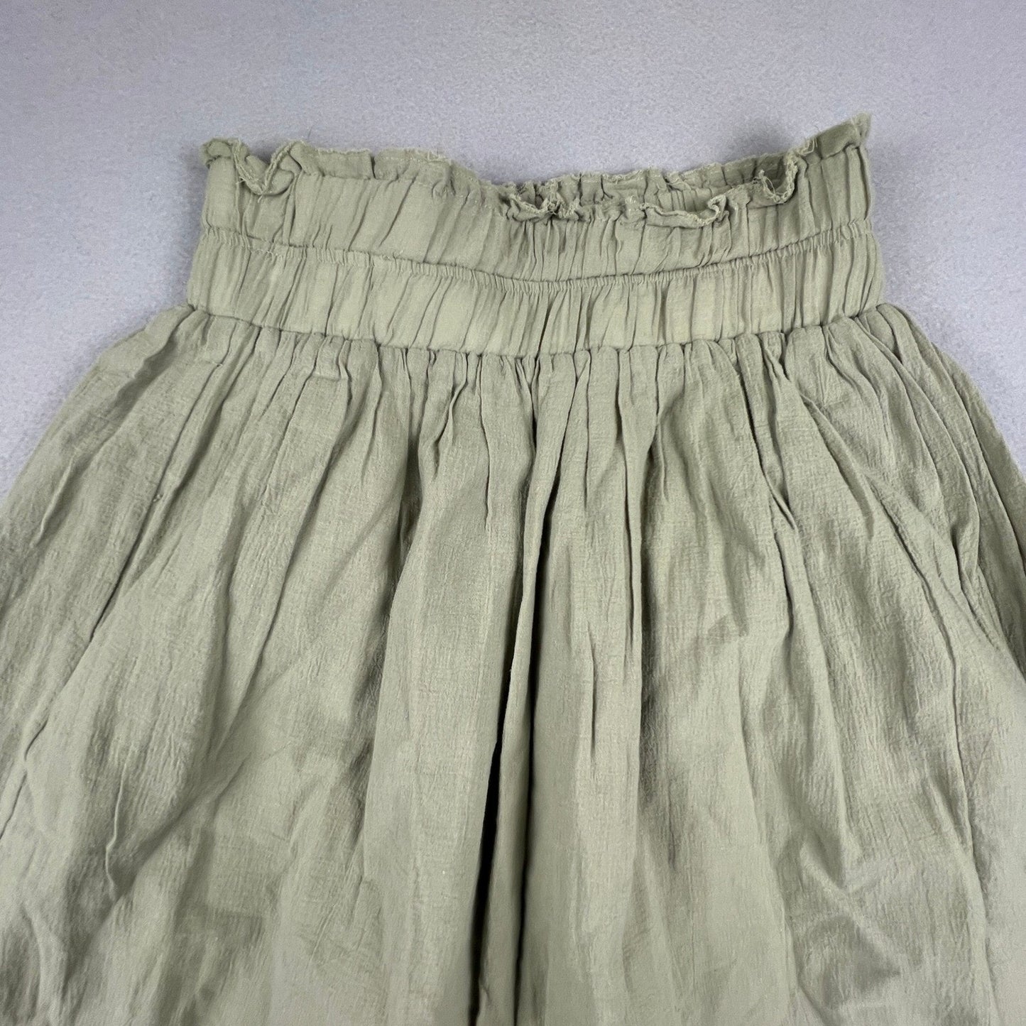 100% Cotton Midi Skirt Womens Small Green Cotton Smocked Paperbag Waist Boho