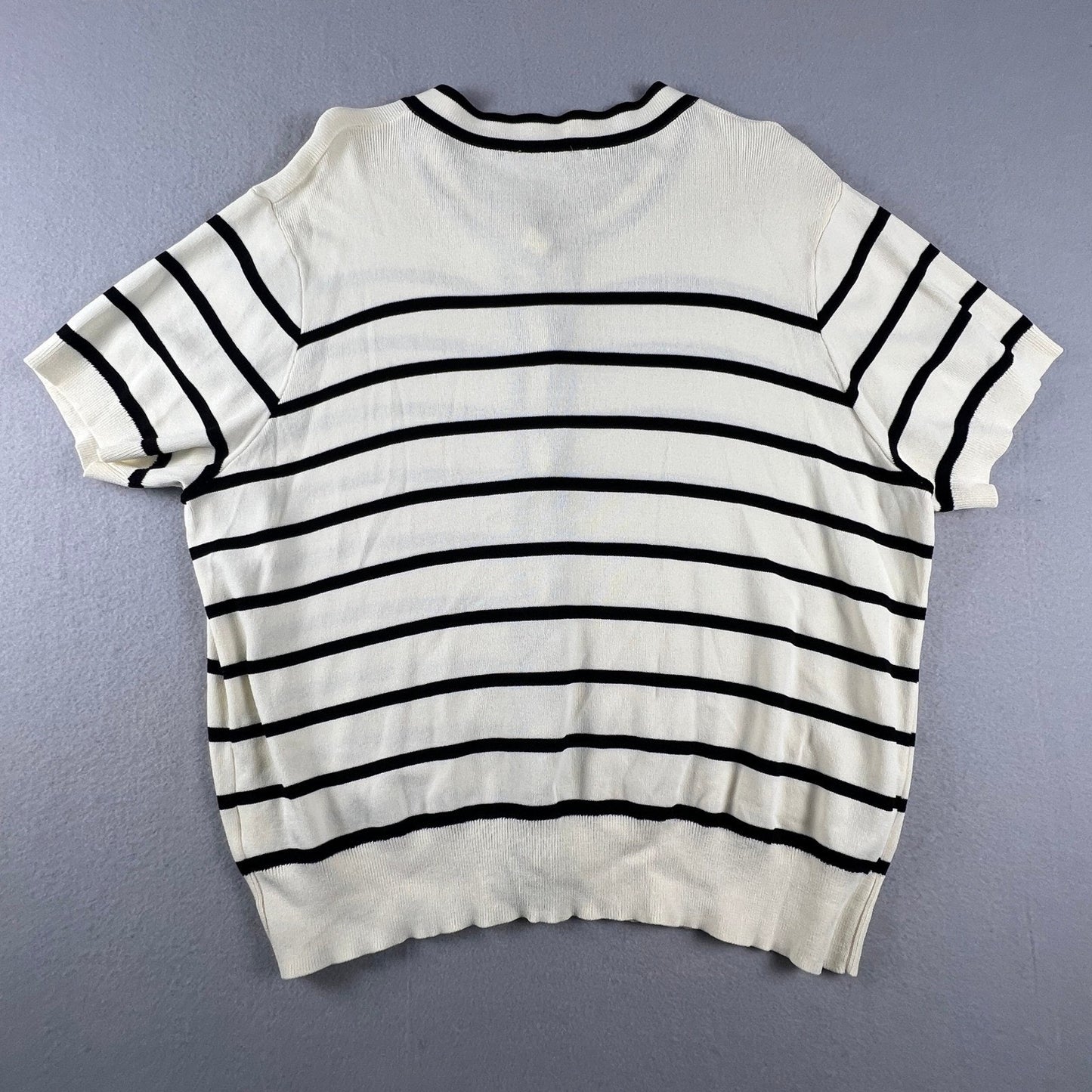 PrettyGarden Cardigan Sweater Womens XL White Black Striped Pearl Button Preppy