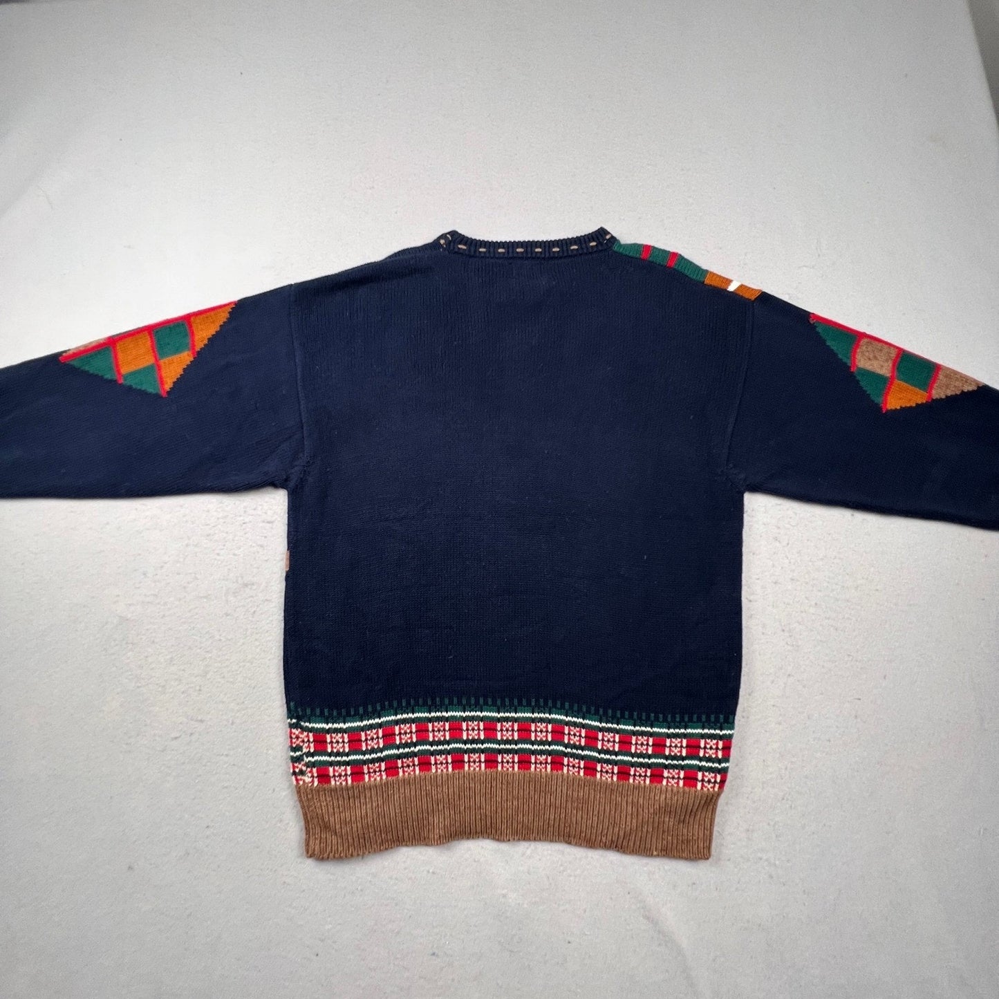 Cotton Traders Golf Sweater Mens Large Navy Blue Argyle Plaid Intarsia Vintage