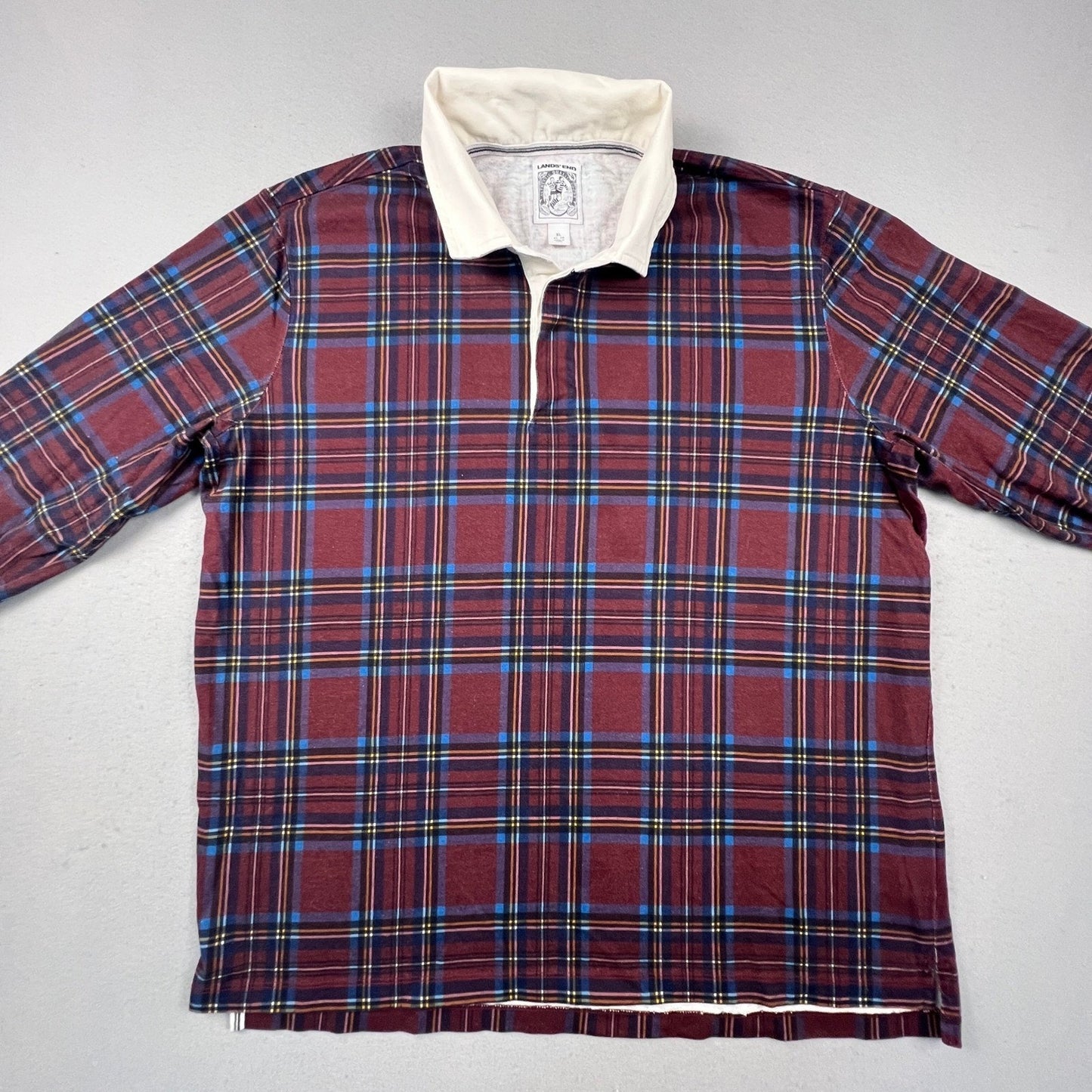 Lands' End Rugby Shirt Mens XL Burgundy Plaid Long Sleeve Cotton Preppy Classic