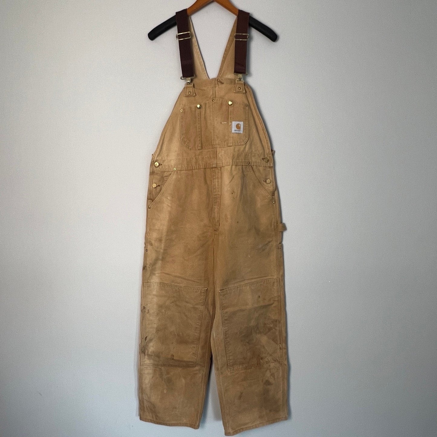 Carhartt Bib Overalls Mens 38x30 Brown Duck Canvas Double Knee Workwear R01 BRN