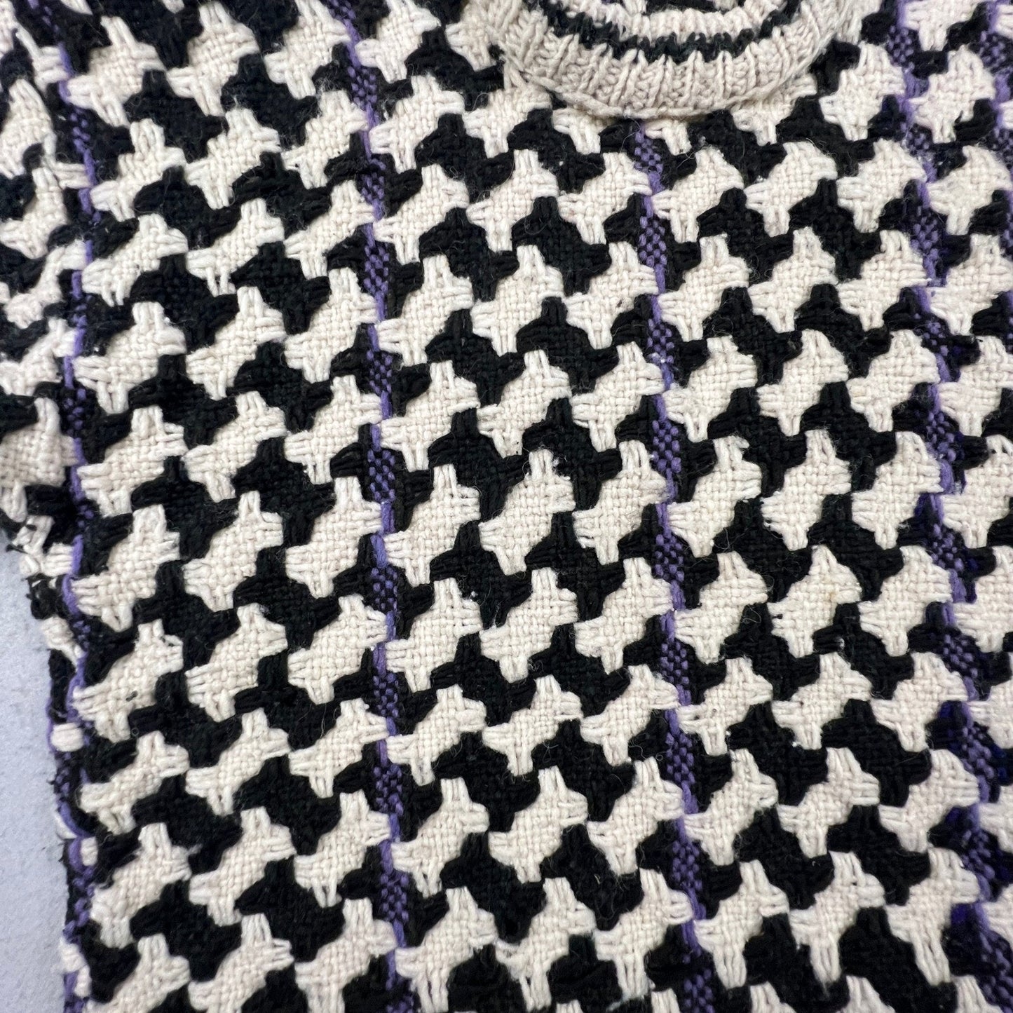 Vintage Houndstooth Hand Knit Sweater Mens XL Black White Pullover Chunky Warm