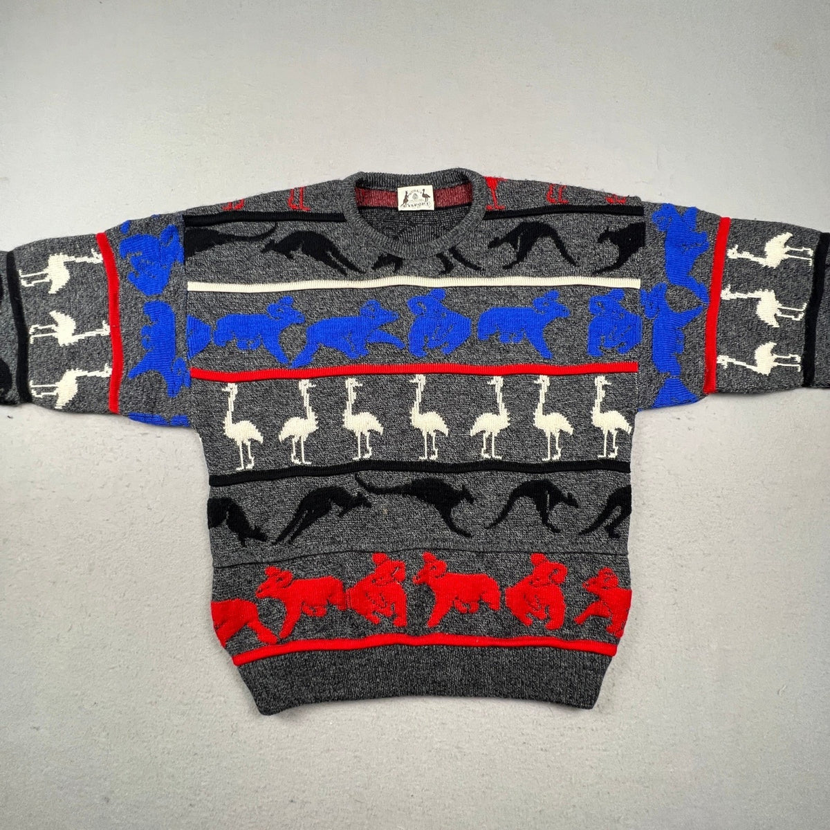 Hysport Wool Sweater Mens 22 Grey Australian Animal Intarsia Knit Vintage Retro