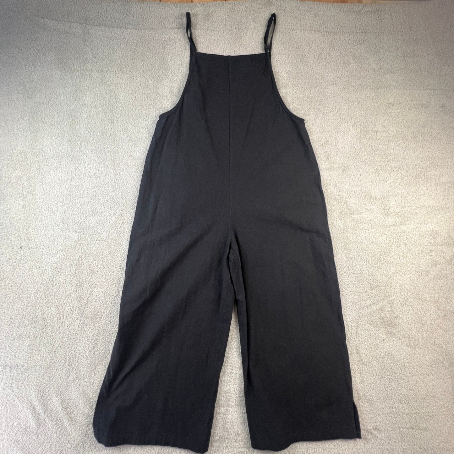 Minimalist Black 100% Cotton Women's Small Wide Leg Jumpsuit Utility Straps Chic