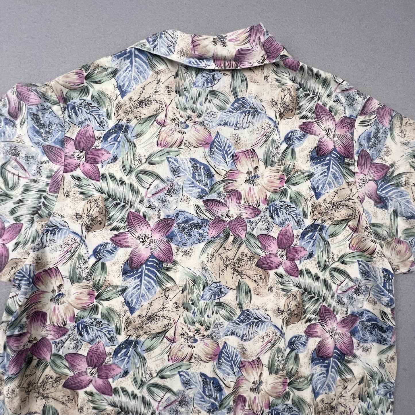 Kate Allen Floral Button Up Shirt Womens Petite Large Purple Blue Tropical Camp