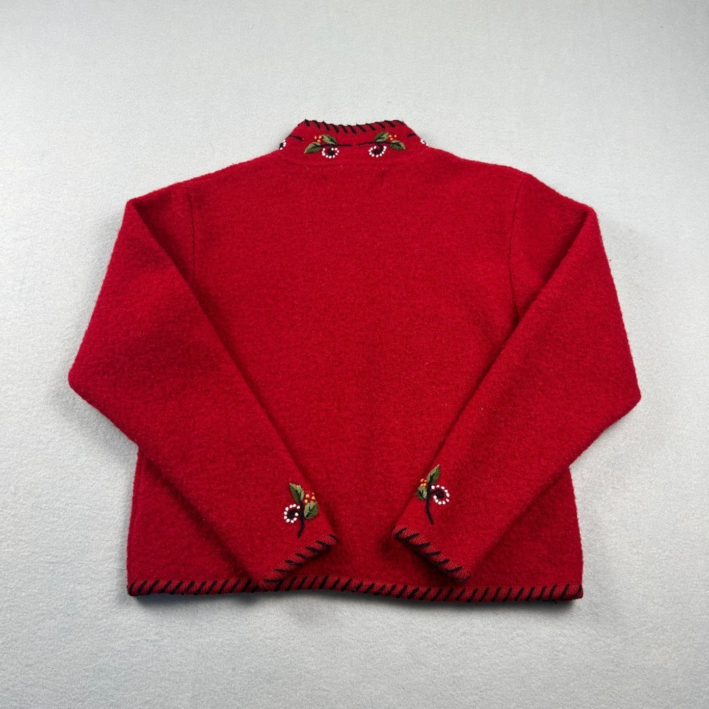 VTG Norm Thompson 100% Wool Jacket Small Red Embroidered Zip Up Cardigan Festive