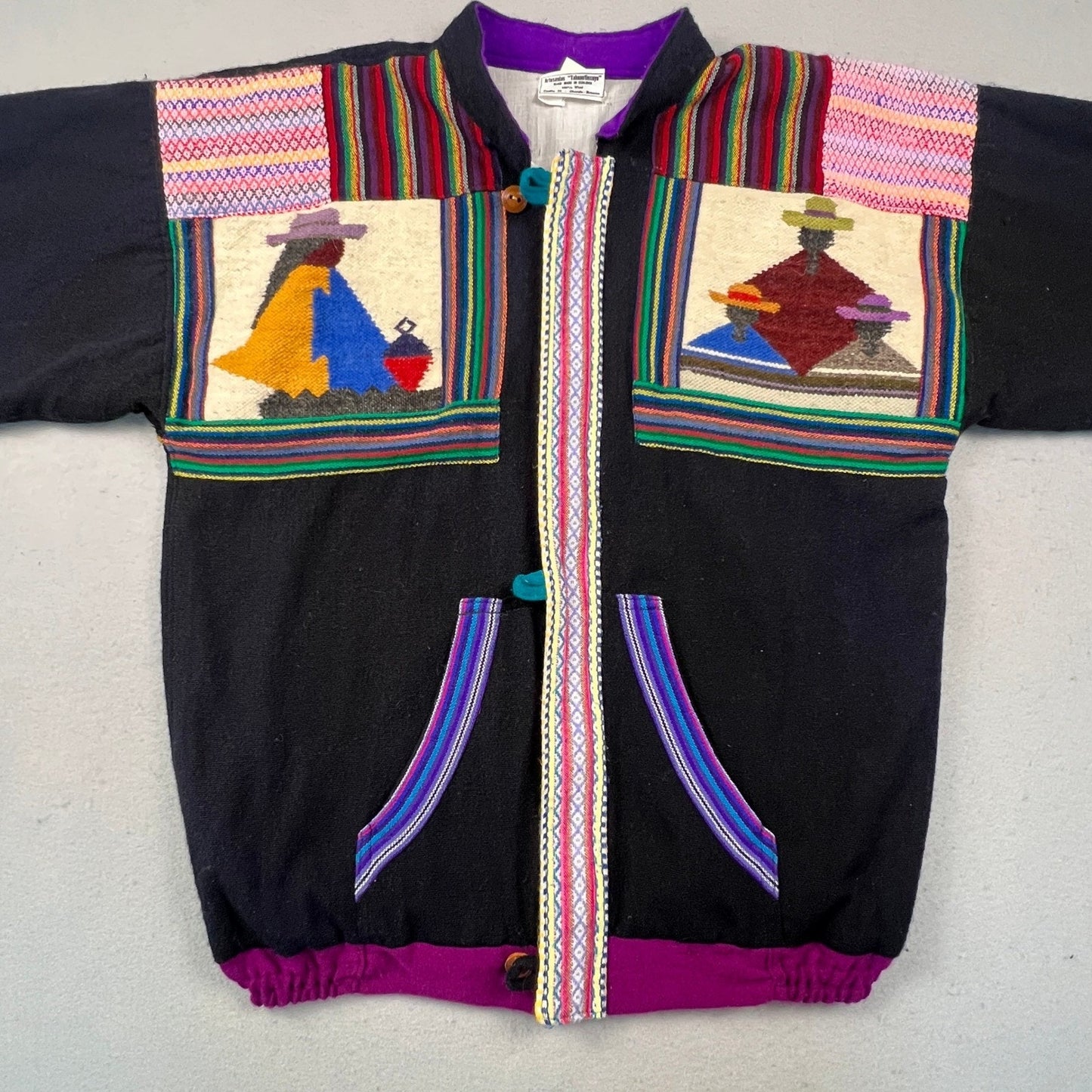 Artesanias Tahuantinsuyo Wool Jacket Mens XL Black Folk Art Otavalo Ecuador Boho