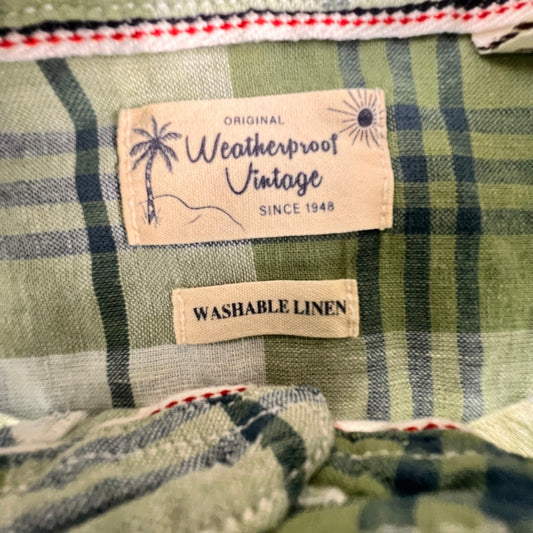 Weatherproof Vintage Plaid Shirt Mens XL Green Linen Blend Short Sleeve Casual