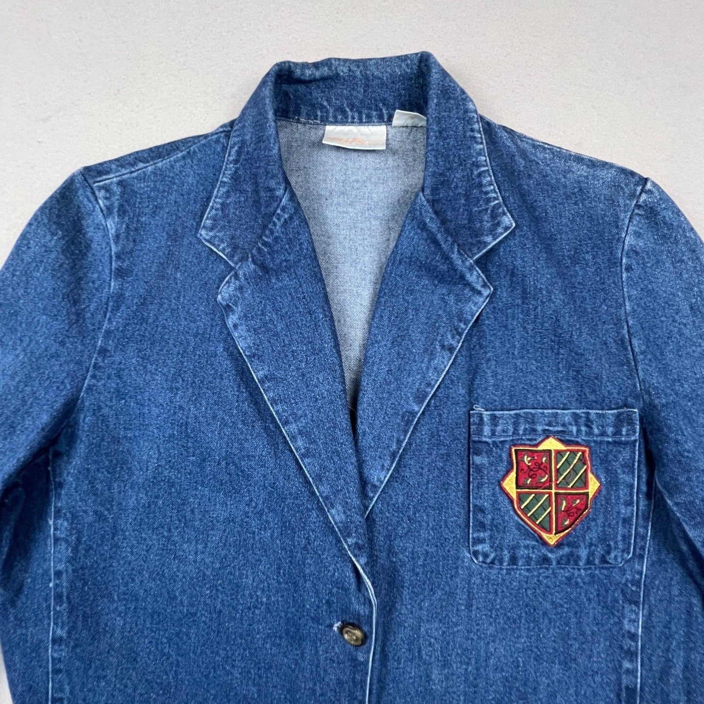 Spiegel For You Denim Blazer Women 1X Crest Patch Preppy VTG Jacket Academia