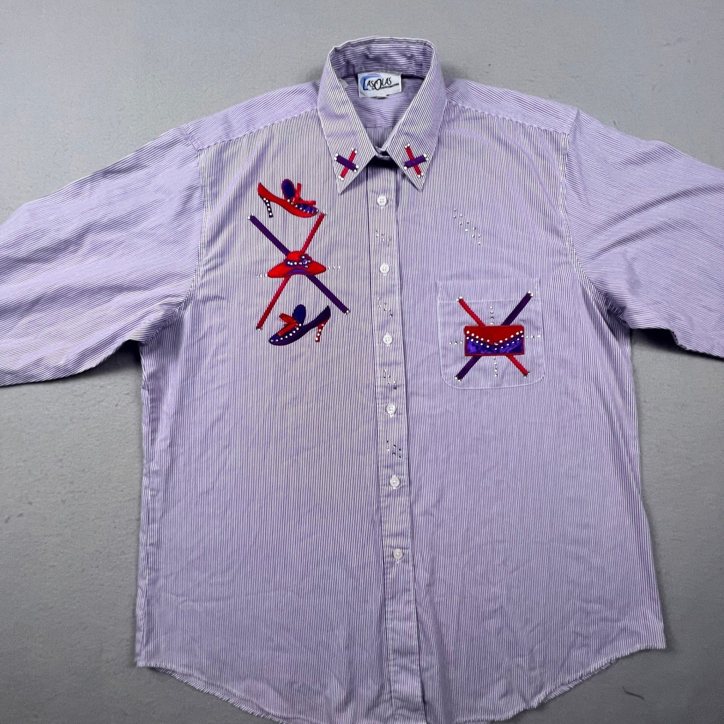 VTG Las Olas Button Down Shirt Womens L Purple Pinstripe Rhinestone Fashion Art
