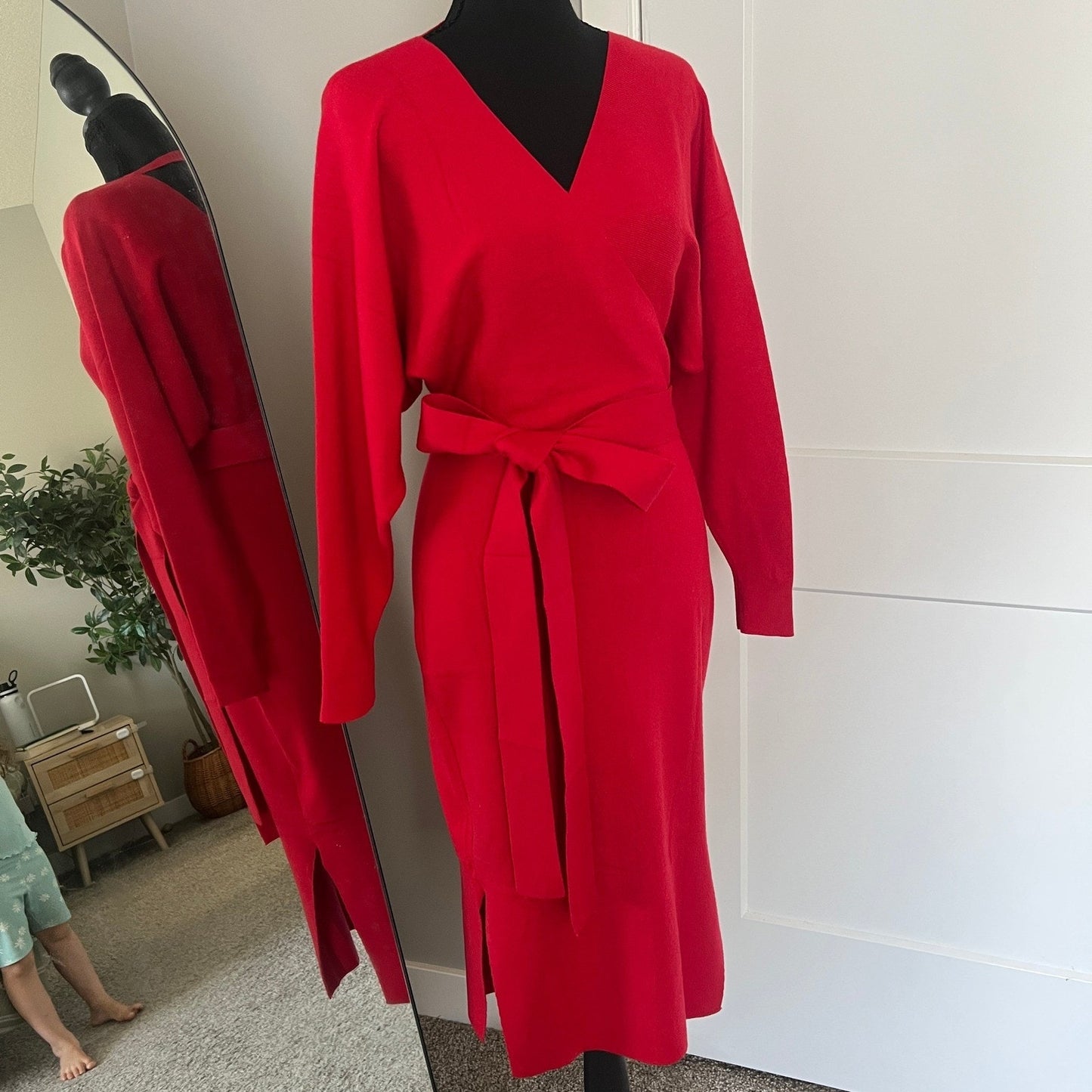 Knit Wrap Midi Dress Women M Red Tie Waist Long Sleeve Cocktail Dress Datenight