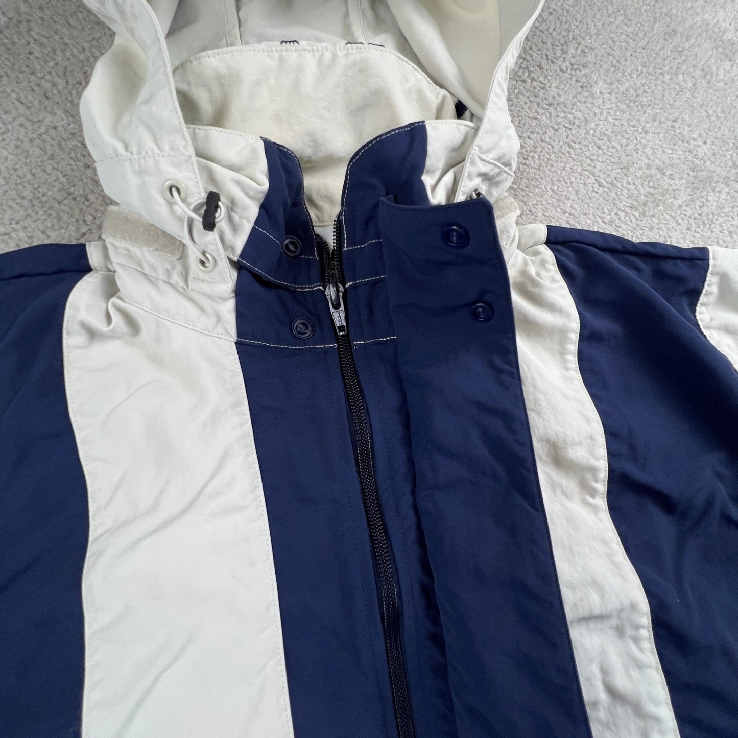 Adidas Windbreaker Jacket Mens Medium Cream Navy Blue Colorblock Trefoil Sporty