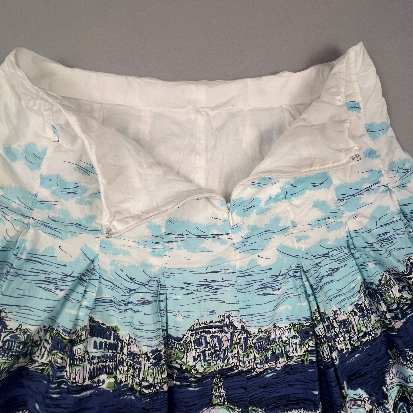 Talbots Pleated Skirt Womens 10 Blue Venice Cityscape Print A-Line Knee Length