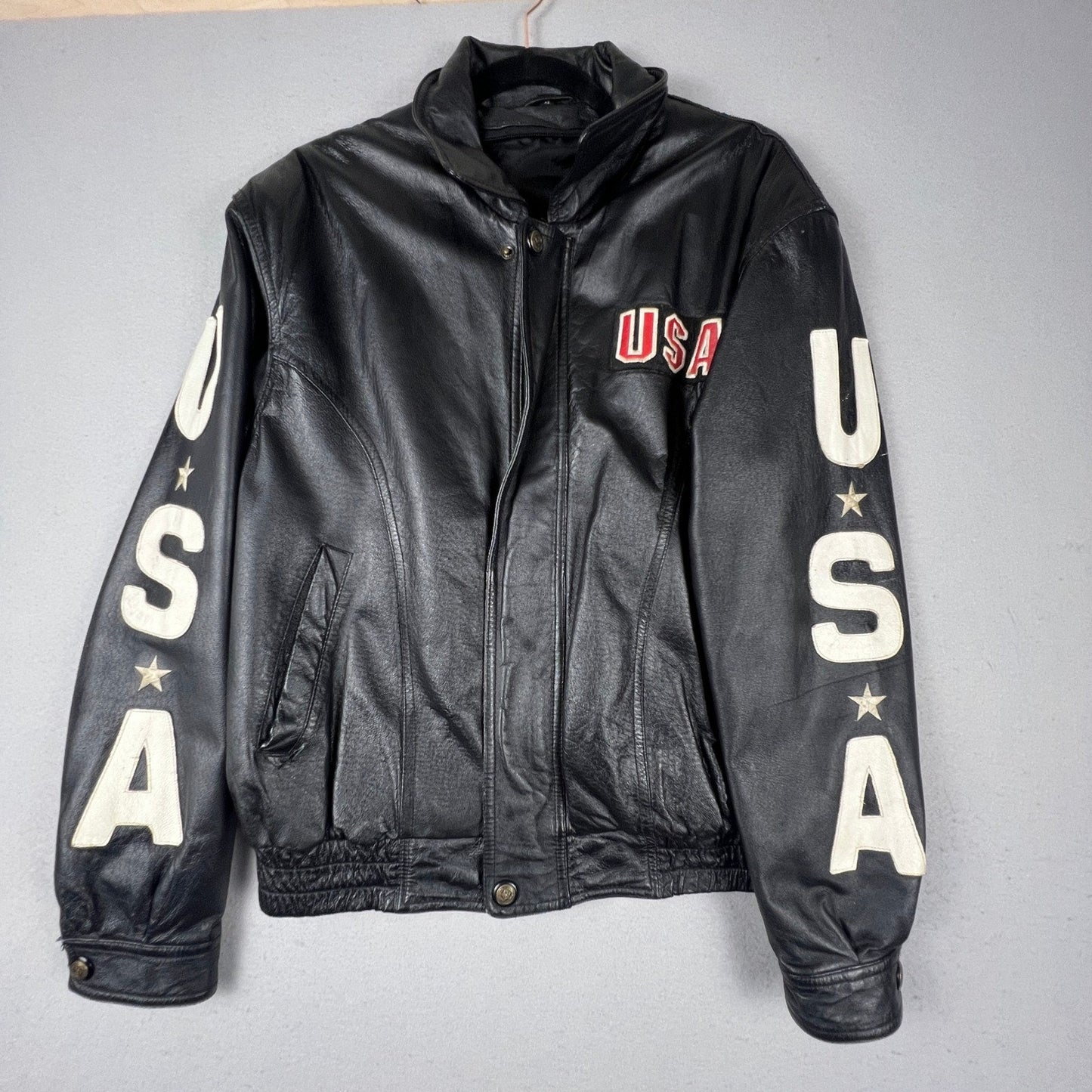 Leather Bomber Jacket Mens L Black USA Eagle Patriotic Biker Vintage Rocker