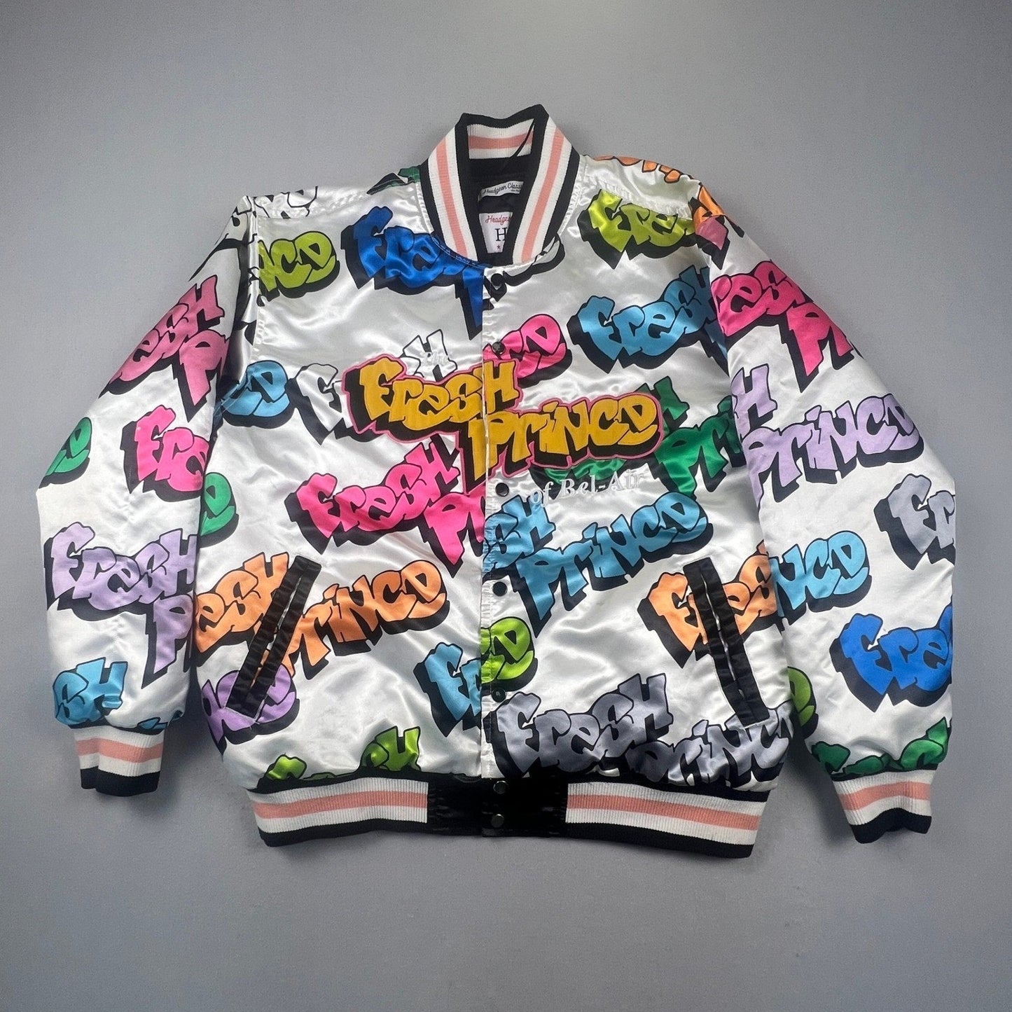 Headgear Classics Fresh Prince Jacket Mens XL White Graffiti Satin Bomber 90s