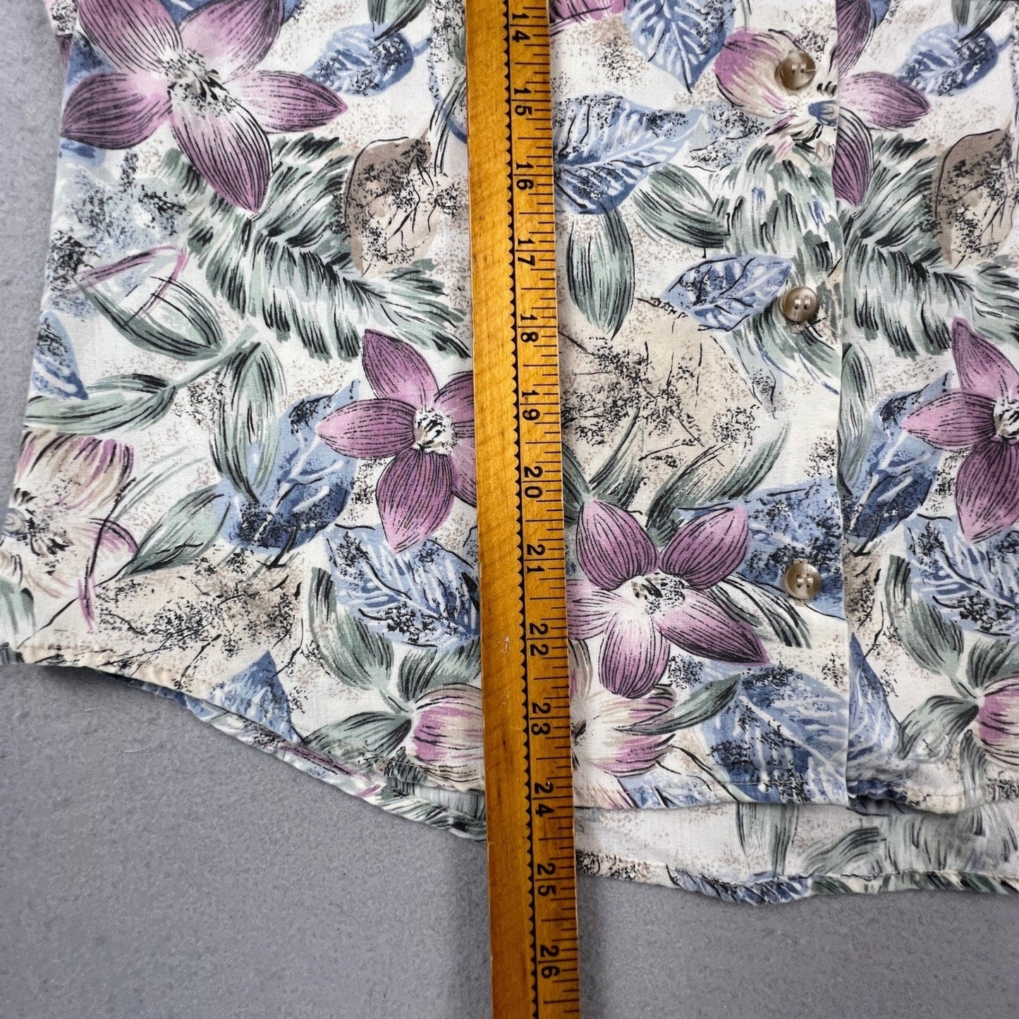Kate Allen Floral Button Up Shirt Womens Petite Large Purple Blue Tropical Camp