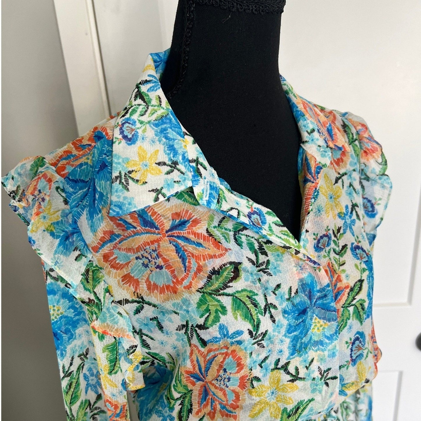 MISA Los Angeles Maxi Dress Womens S Blue Orange Floral Tiered Smocked Boho Luxe