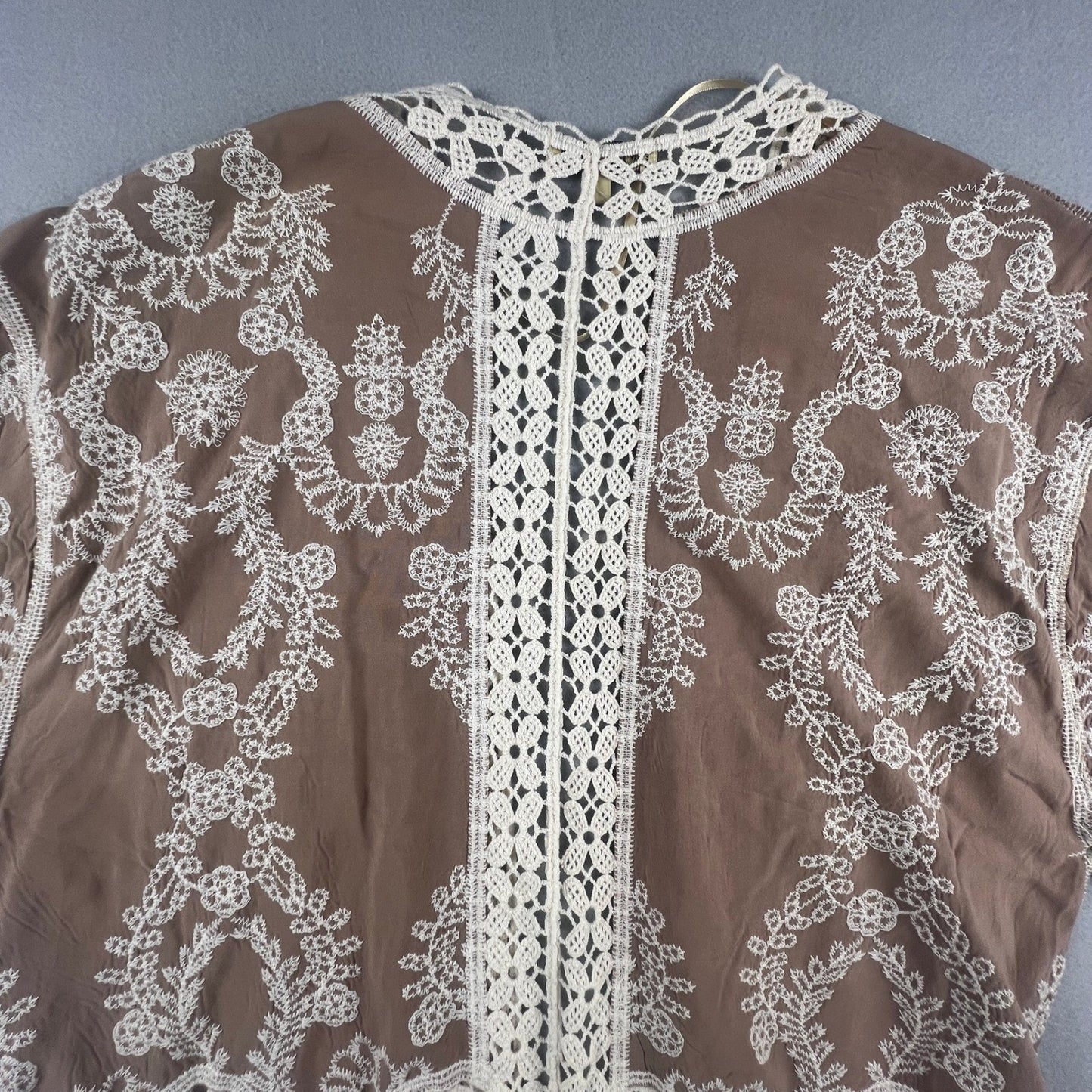 Crochet Lace Kimono Cardigan Womens M Brown Embroidered Boho Sheer Layer
