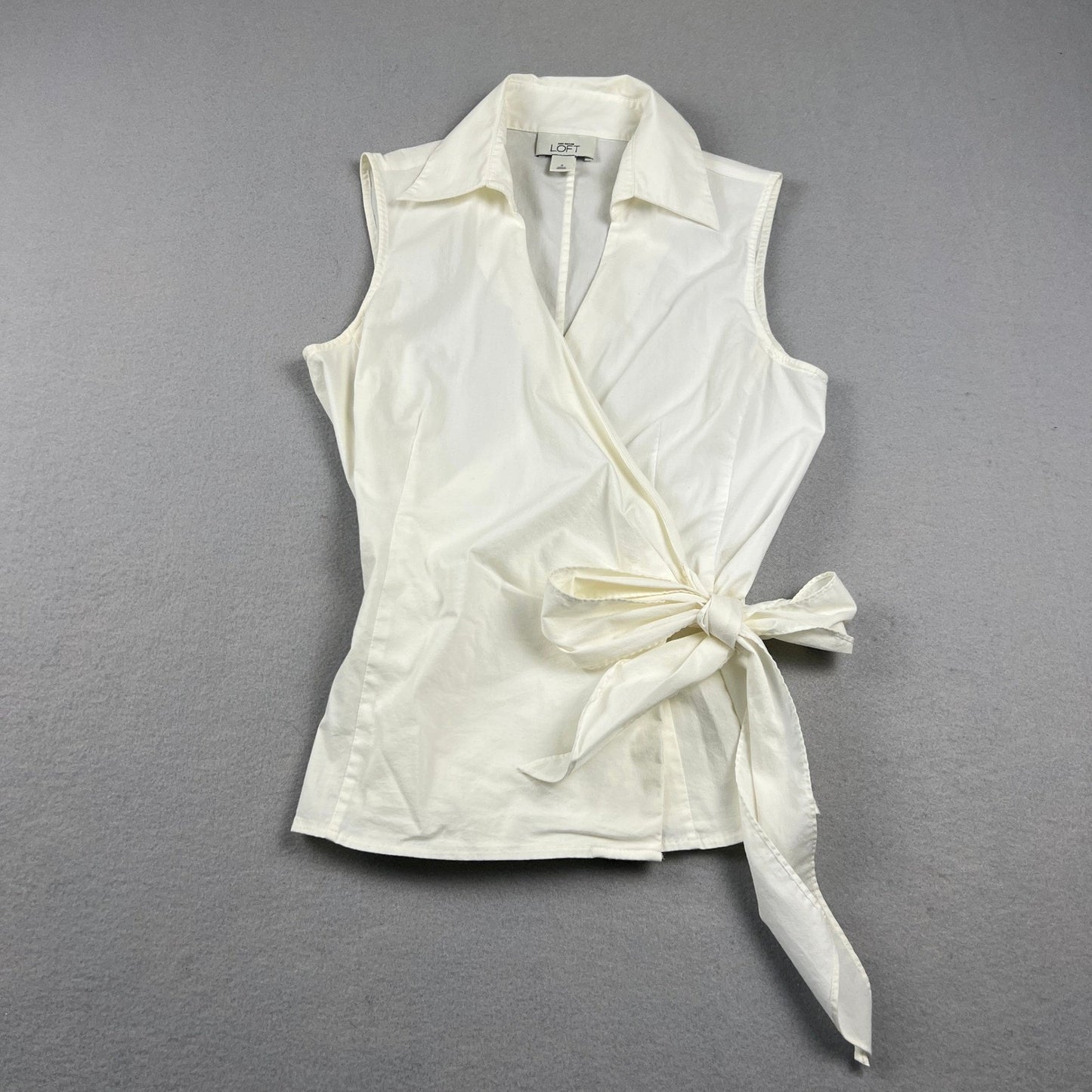 Ann Taylor Loft Wrap Blouse Womens 8 White Sleeveless Collared Side Tie Casual