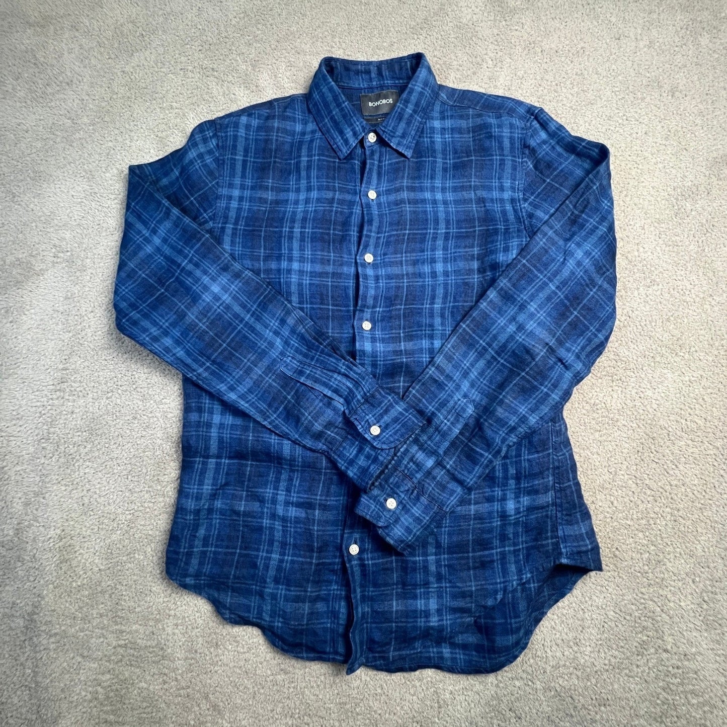 Bonobos Mens Slim Fit Shirt Medium 100% Linen Plaid Button Down Blue Classic