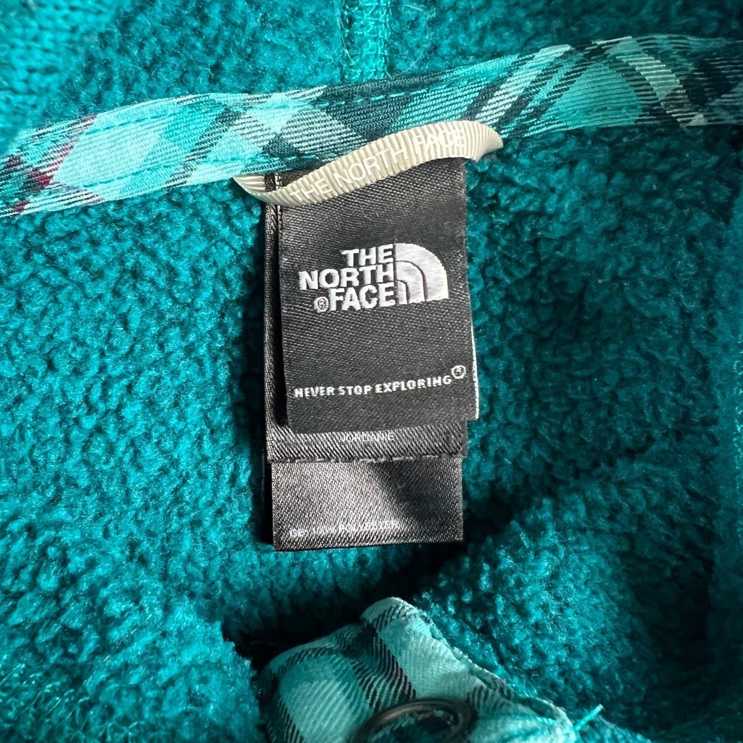 The North Face Fleece Hoodie Pullover Women's Small Petite Teal Neck Plaid Lined