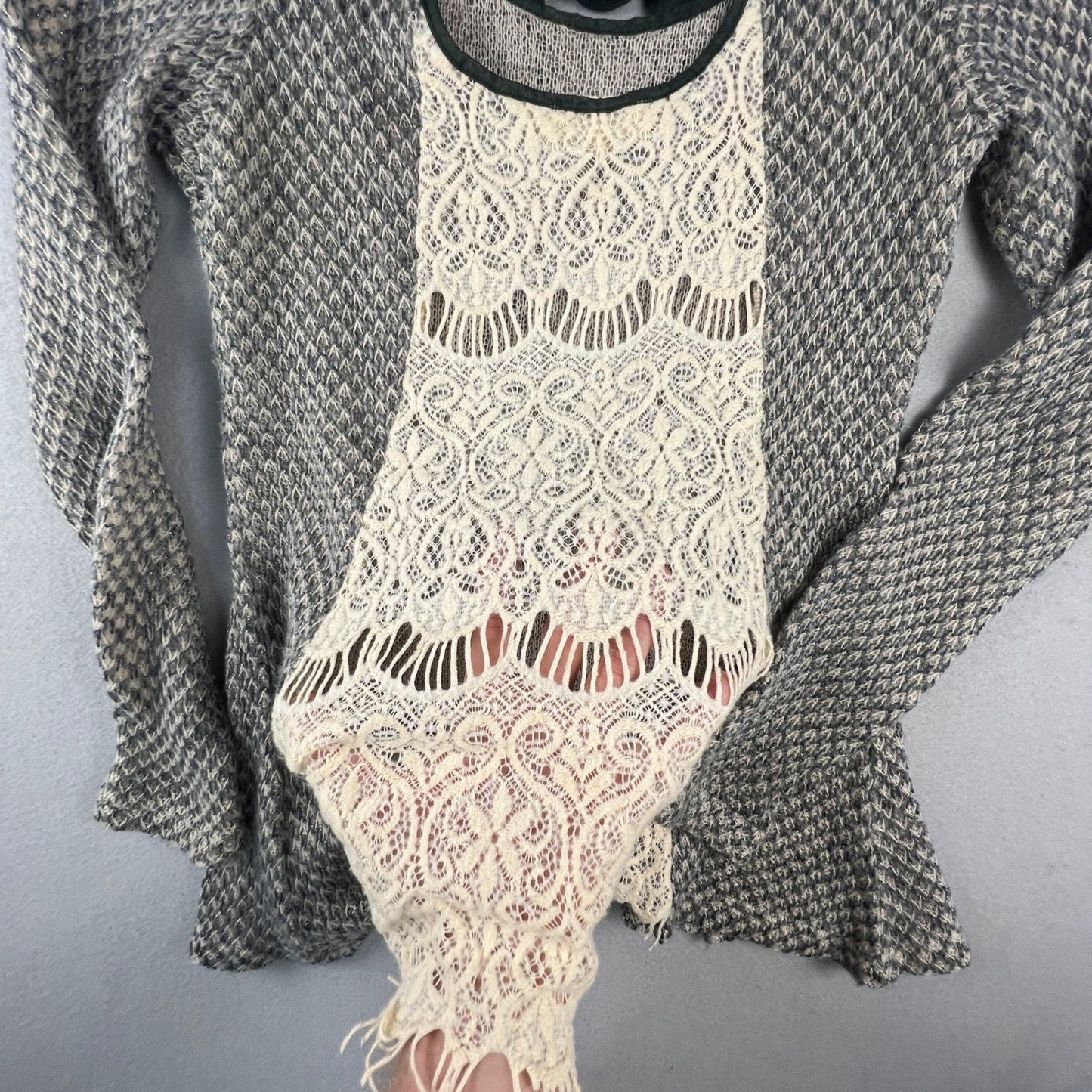 A'reve Knit Sweater Medium Lace Back Tie Boho Romantic Coquette Girl Whimsigoth