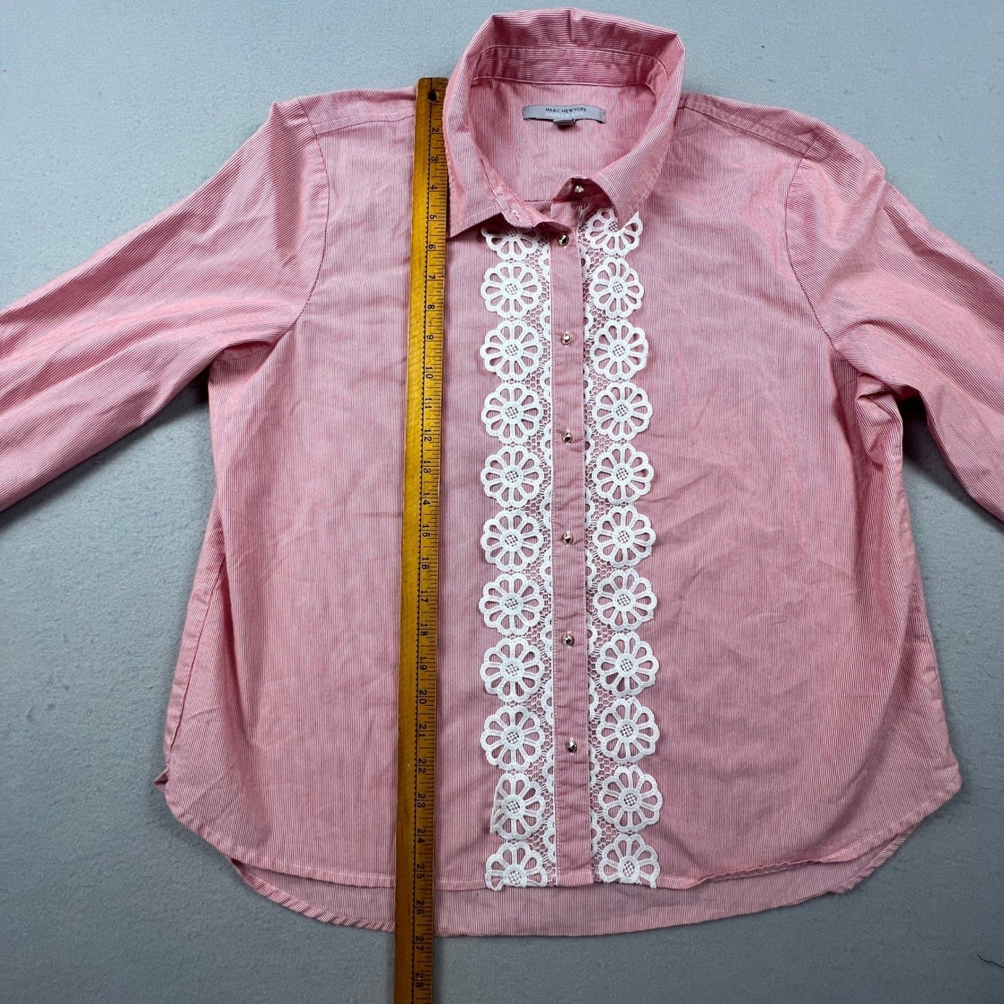 VTG Marc New York Button Down Womens XL Red Stripe Lace Trim Preppy Chic