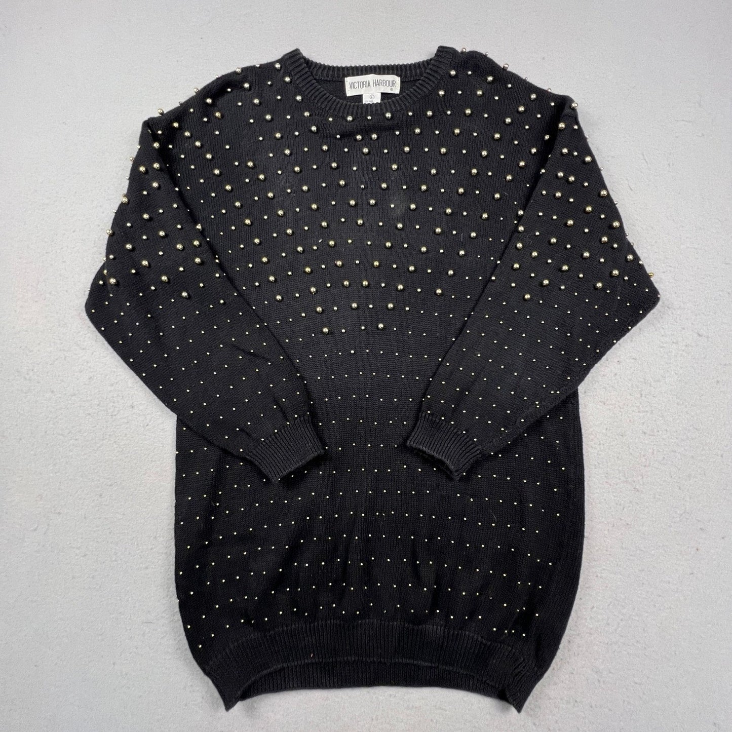 Victoria Harbour Sweater Womens L Black Gold Beaded Ramie Cotton Knit Crewneck