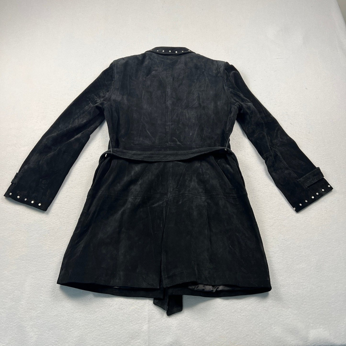 Y2K Express Suede Trench Coat Womens 11/12 Black Studded Belted Leather Jacket