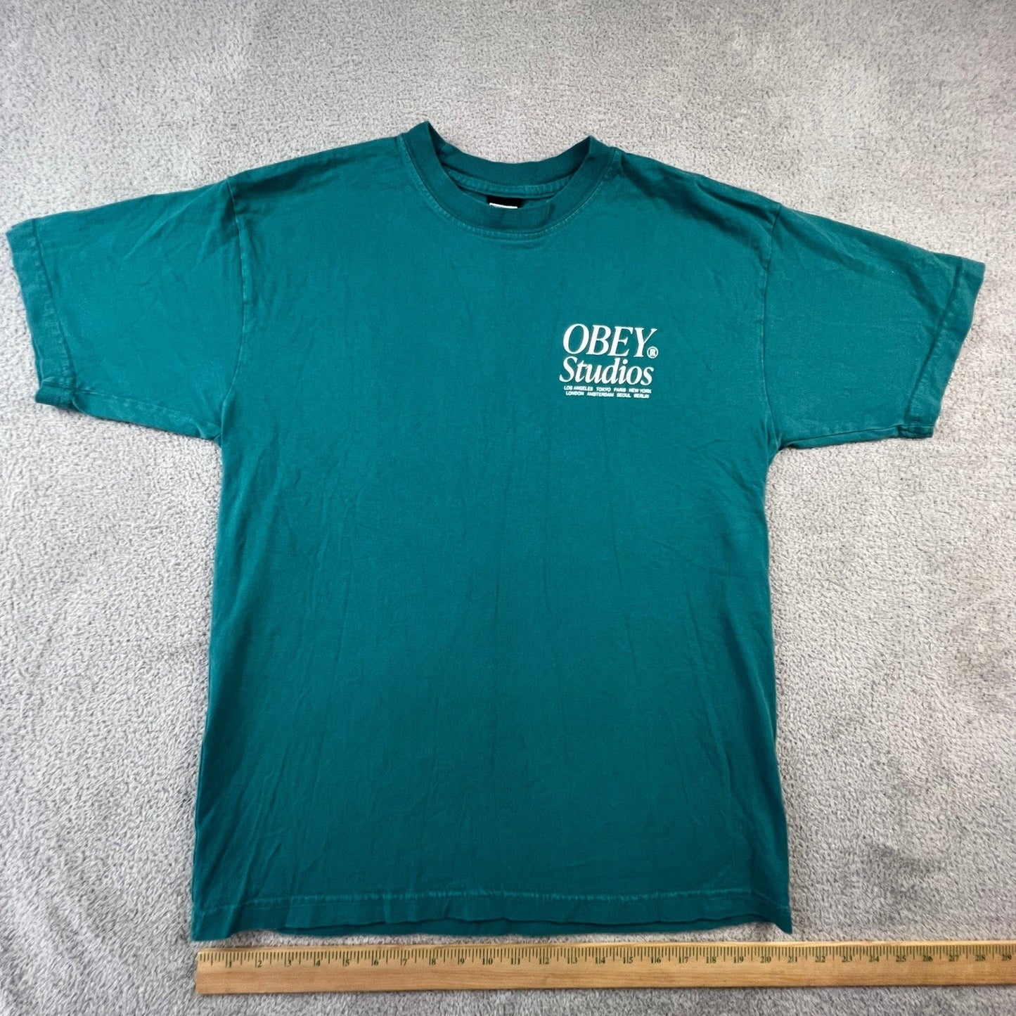 Obey Studios Mens Medium Graphic T-Shirt Teal Green Short Sleeve Crewneck