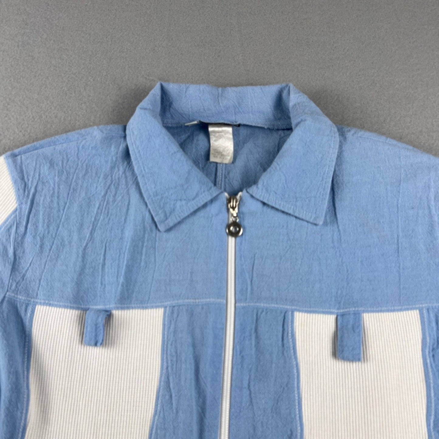 VTG Highlights Zip Up Shirt Womens Large Blue White Ribbed Panel Shoulder Pads