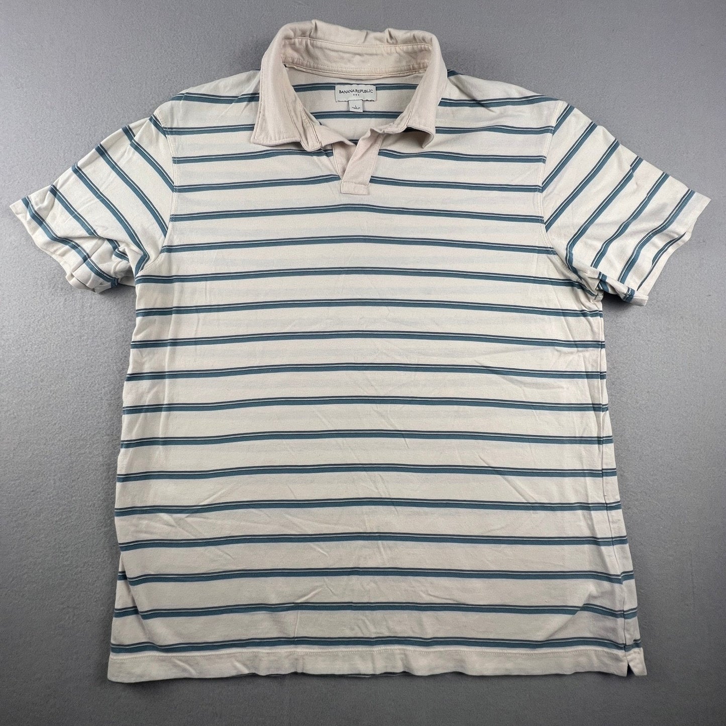 100% Cottong Banana Republic Polo Shirt Mens Large White Blue Striped Casual Preppy