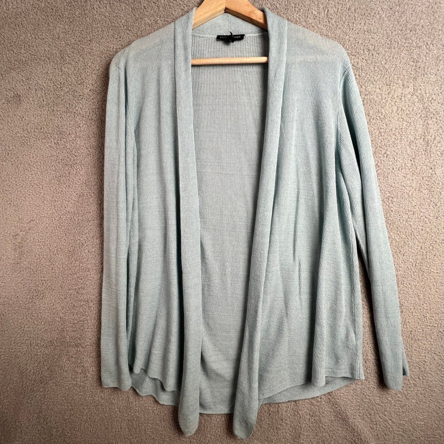 Eileen Fisher Cardigan Sweater XL Linen Blend Ribbed Open Front Lt Blue