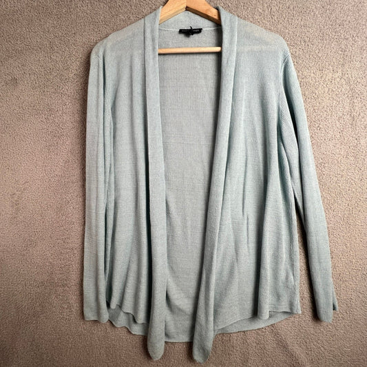 Eileen Fisher Cardigan Sweater XL Linen Blend Ribbed Open Front Lt Blue