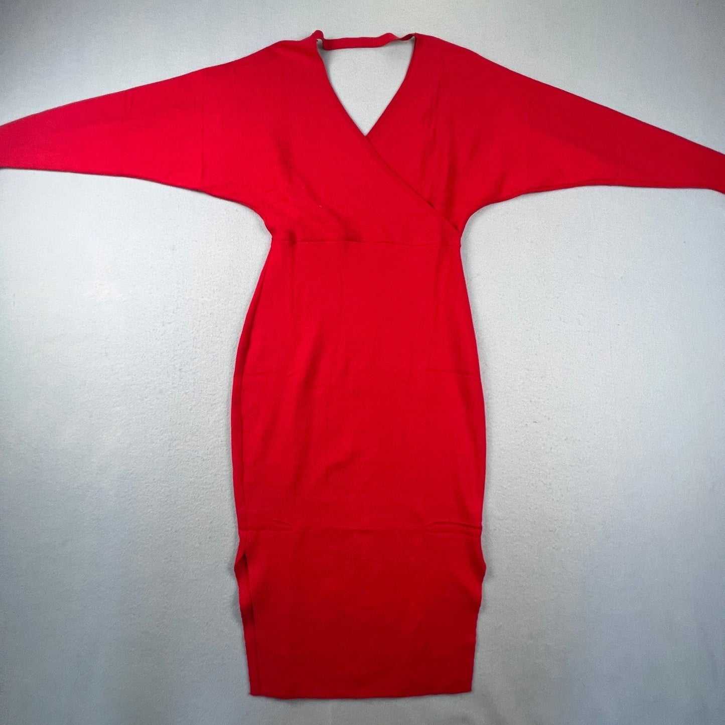 Knit Wrap Midi Dress Women M Red Tie Waist Long Sleeve Cocktail Dress Datenight