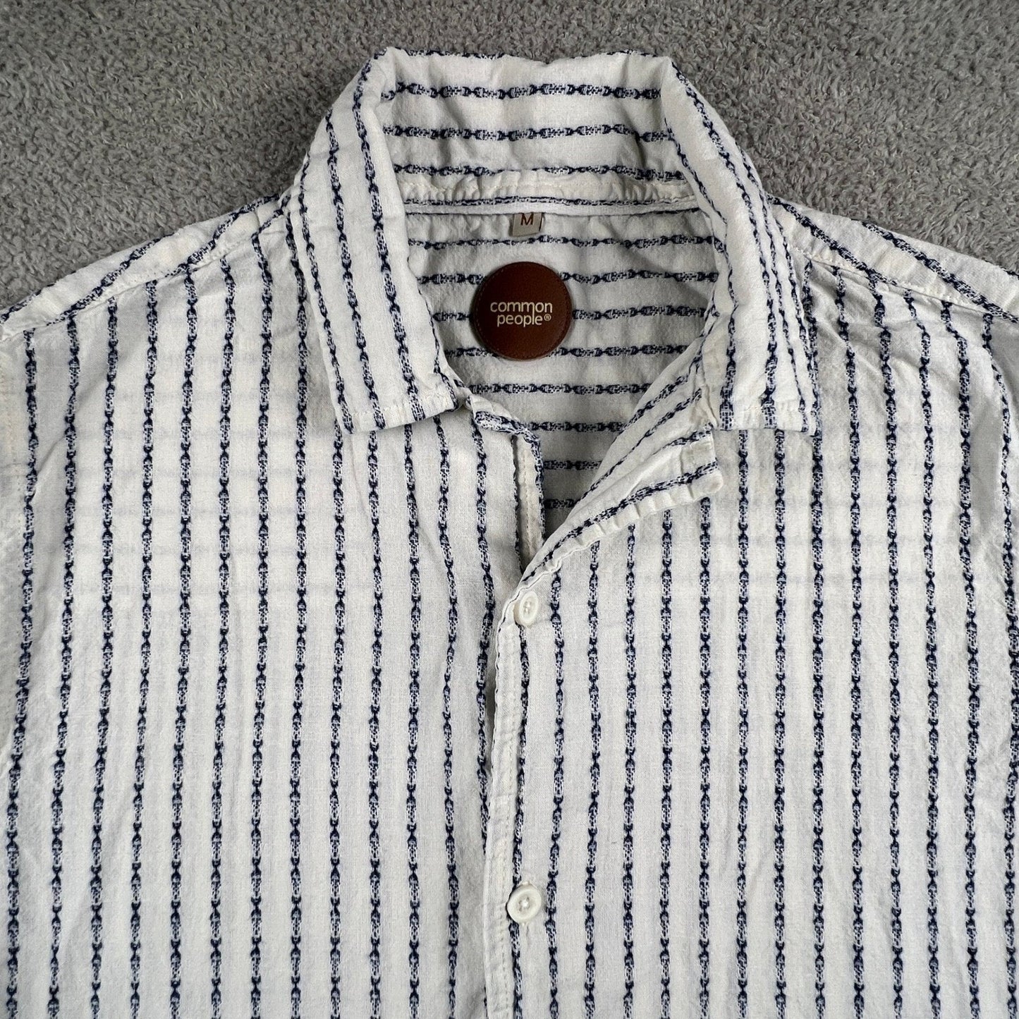 Linen Button Up Shirt Mens Medium White Blue Striped Cotton Blend Summer