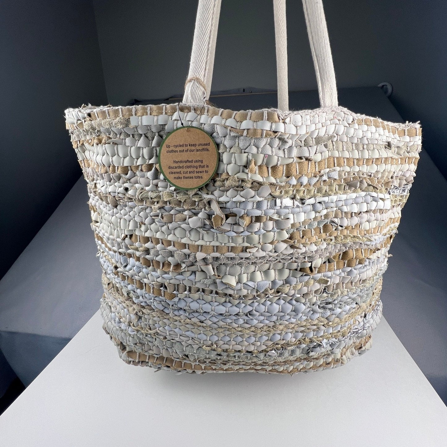 Handcrafted Upcycled Woven Tote Bag Large Neutral Boho Eco-Friendly Beach Travel