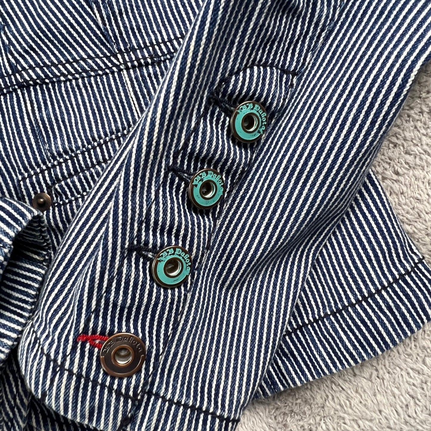 BB Dakota Hickory Stripe Denim Blazer Womens Medium Blue Fitted Peplum Jacket