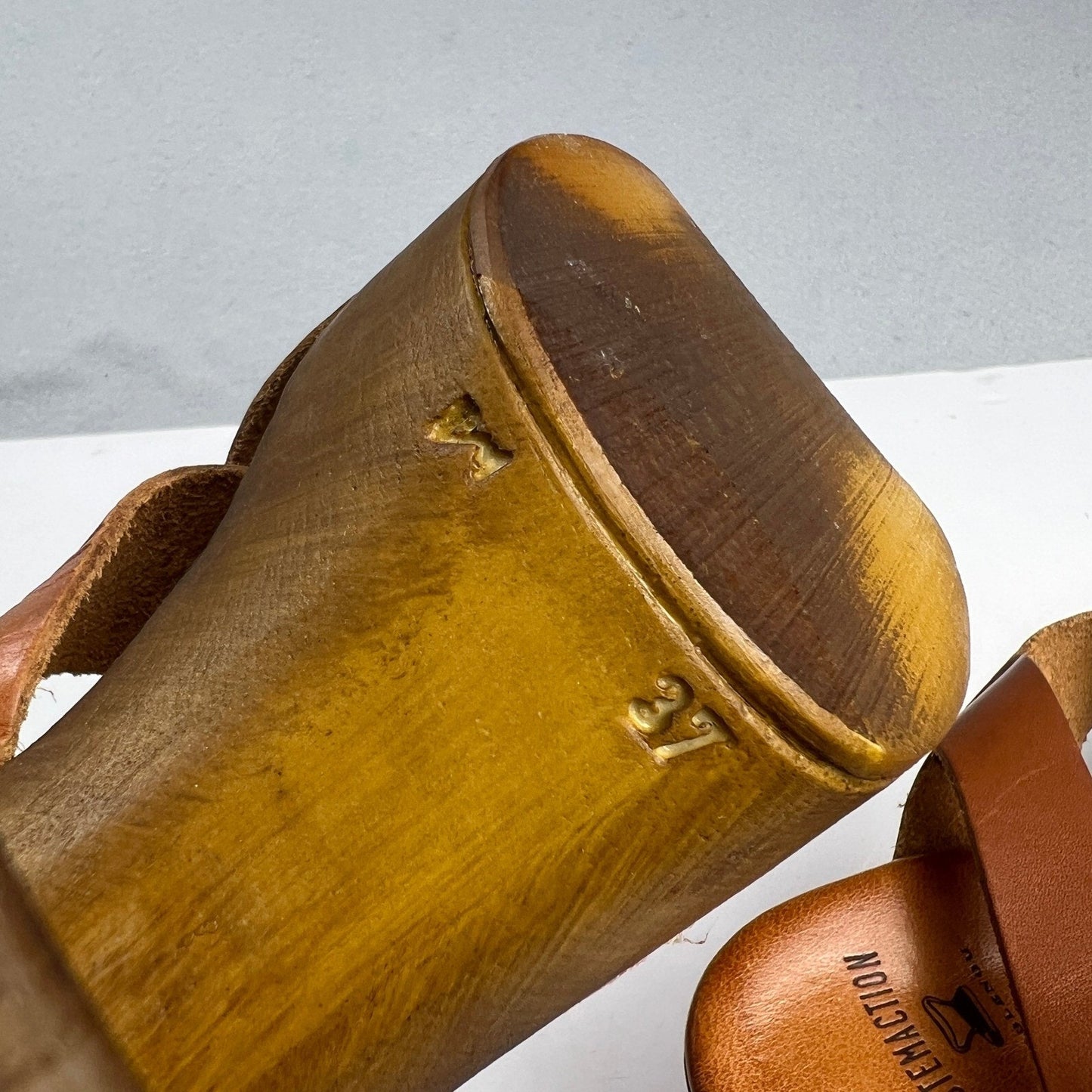 Brown Leather Wood Block Heel Boho Retro Platform Sandals Made in Italy Size 7