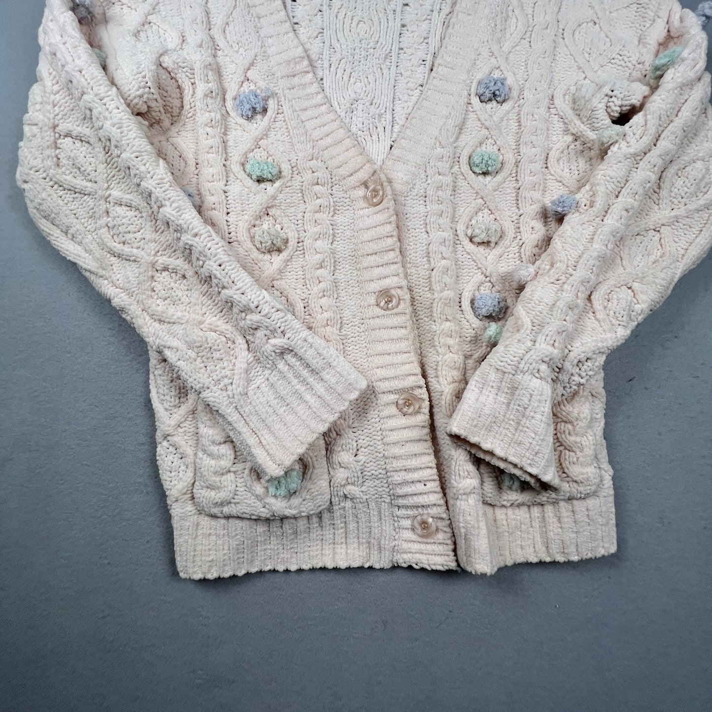 POL Cardigan Sweater Women Medium Cream Chenille Cable Knit Pom Pom Coquette