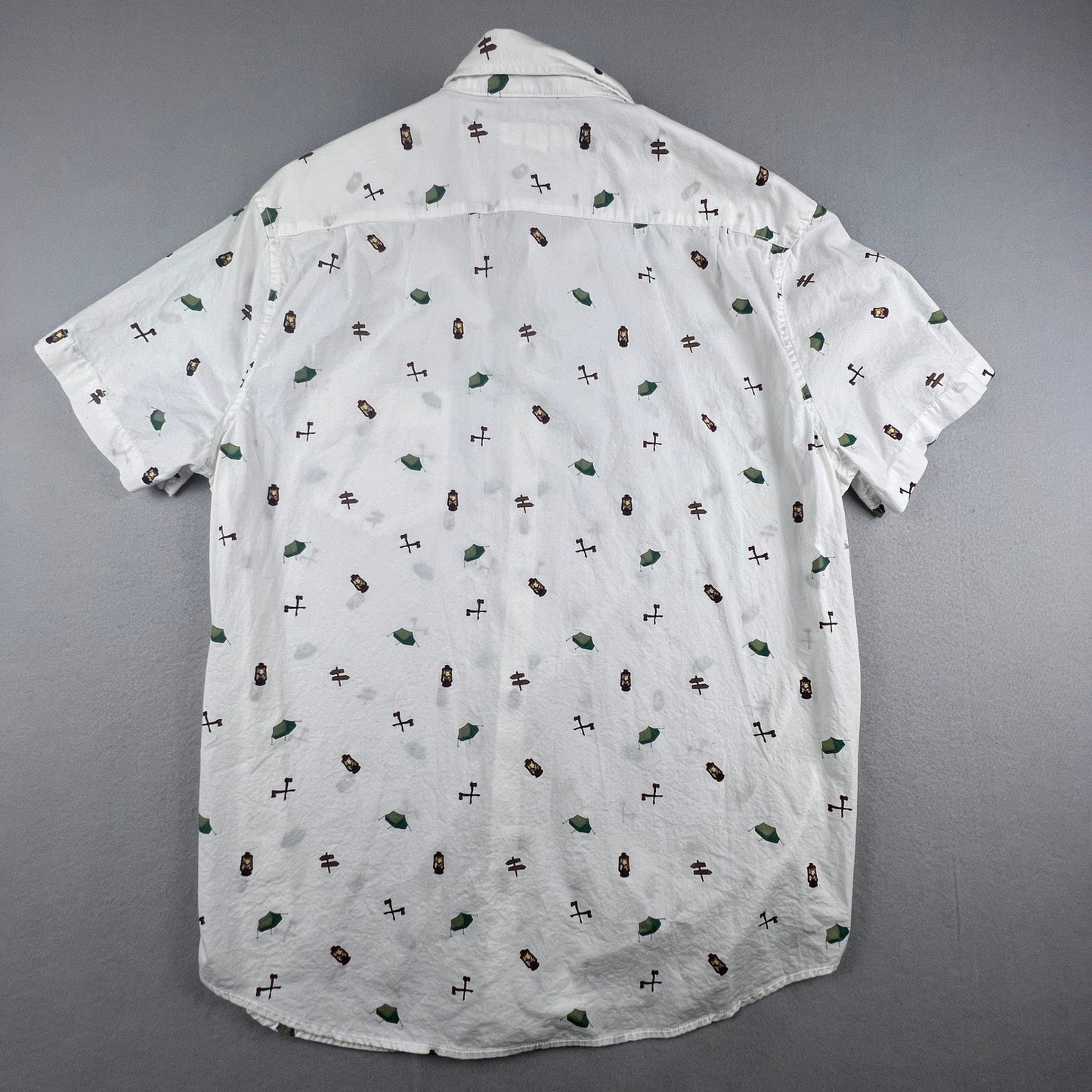 Aeropostale Button Down Shirt Mens XL White Camping Print Cotton Short Sleeve