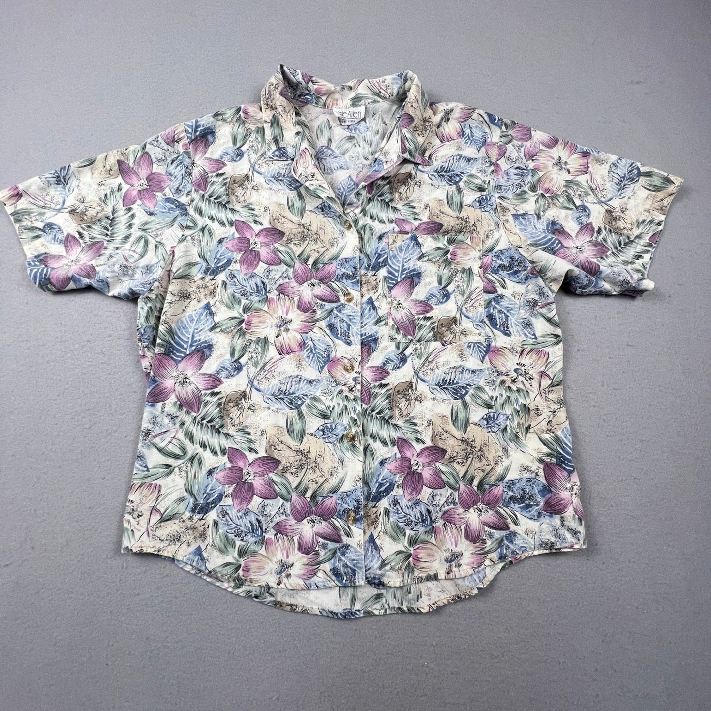 Kate Allen Floral Button Up Shirt Womens Petite Large Purple Blue Tropical Camp