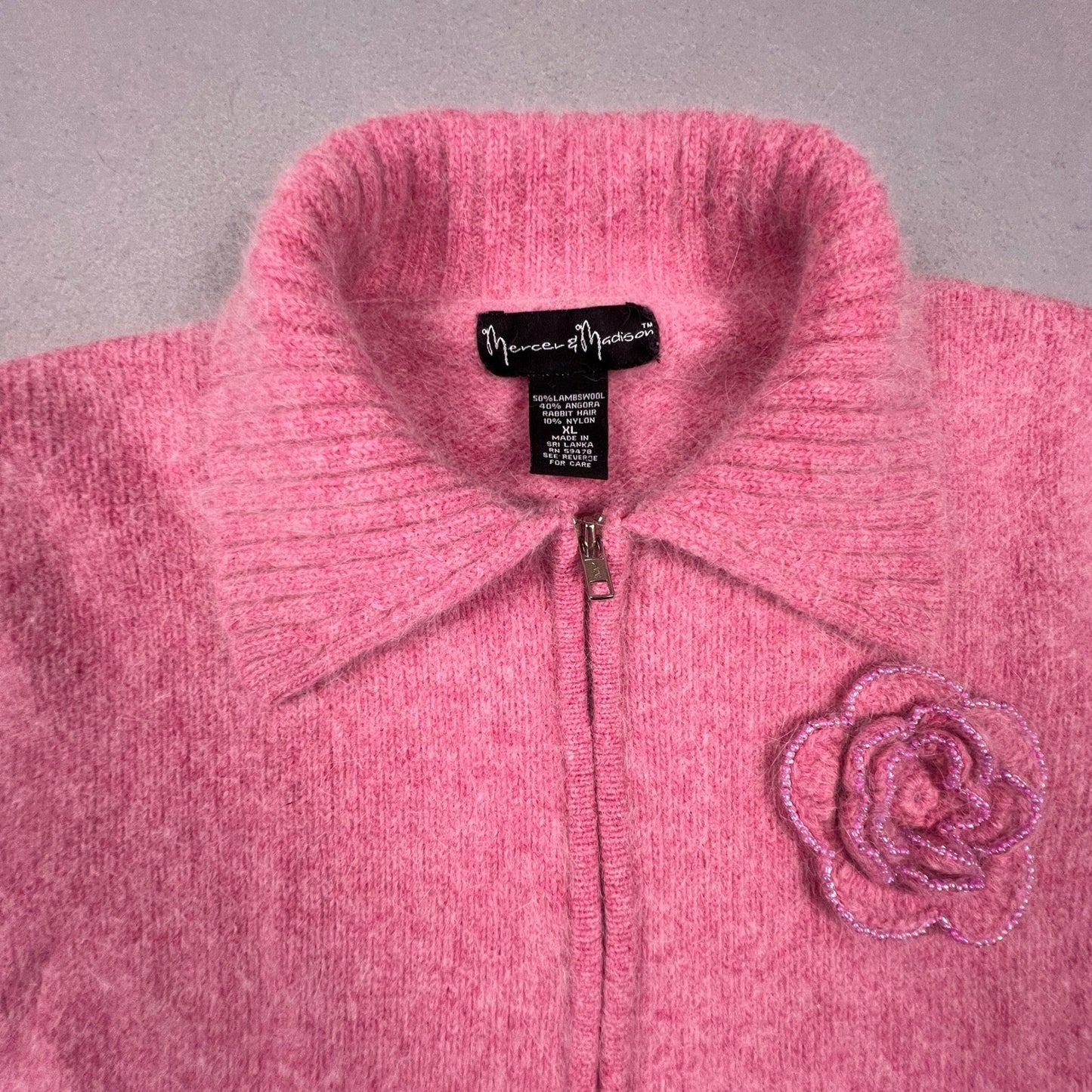 VTG Mercer & Madison Zip Sweater XL Pink Angora Wool Beaded Flower Coquette Y2K