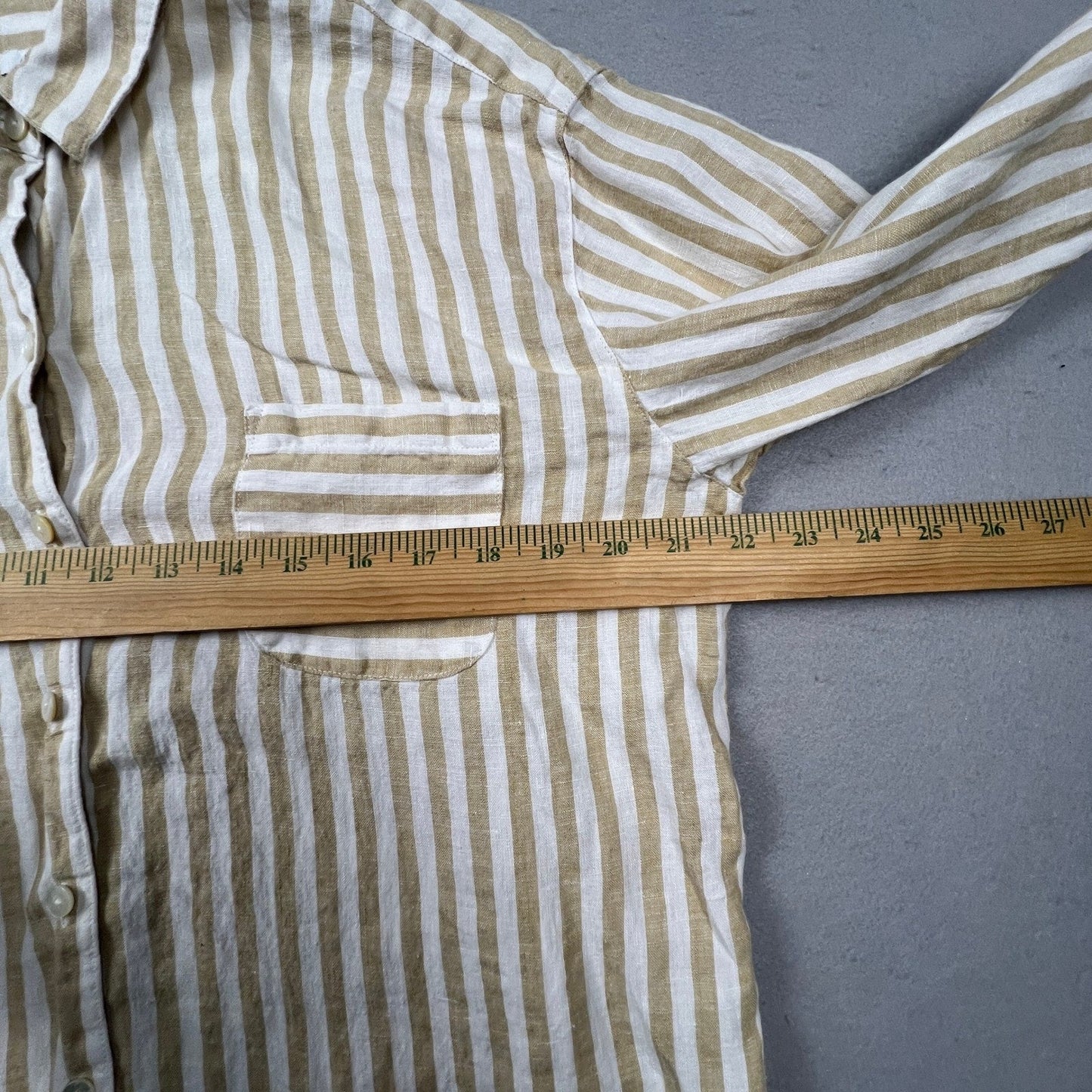 J. Jill Love Linen Button Down Shirt Womens Medium Tan Striped Coastal Classic